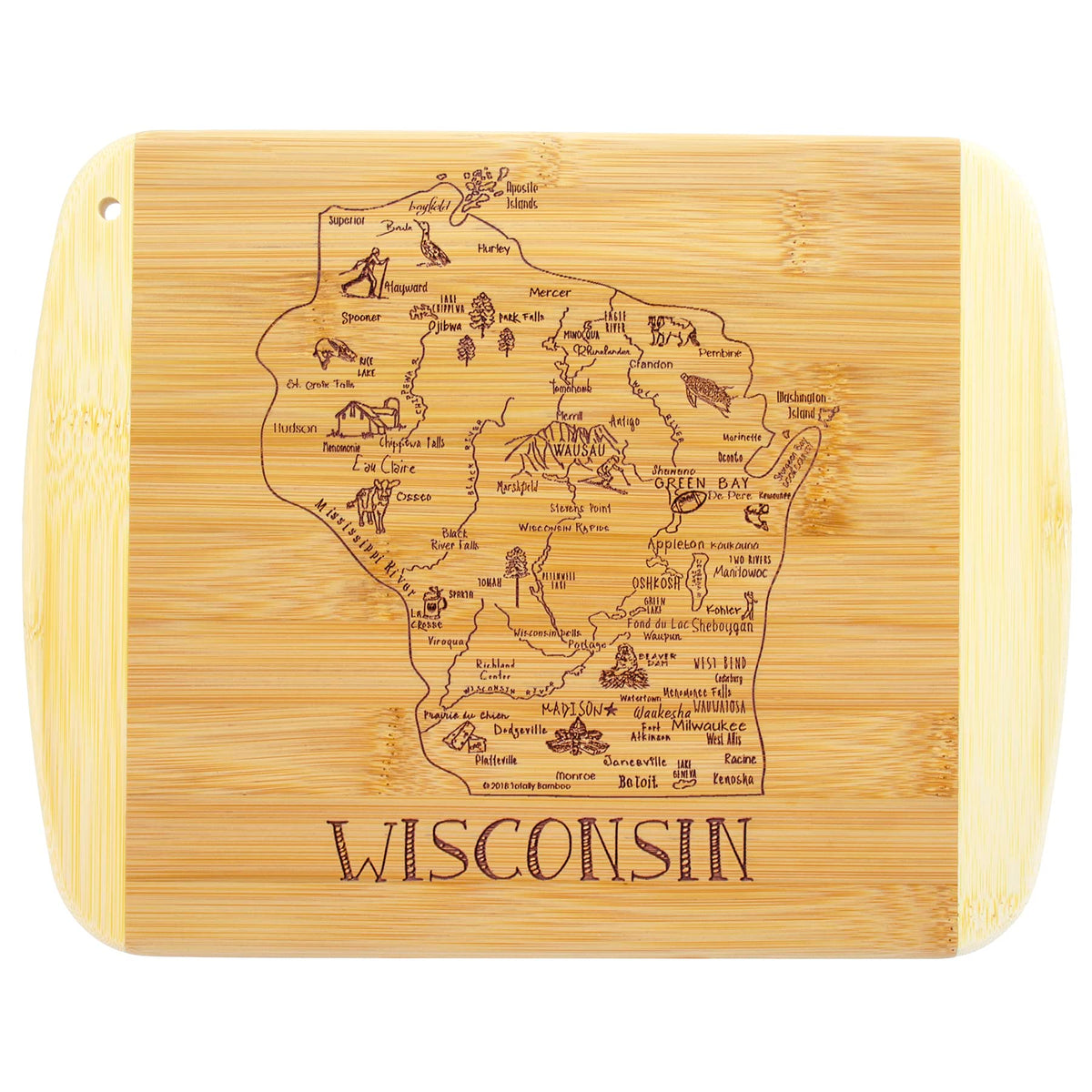 Totally Bamboo tabla Wisconsin con grabado general, ideal para servir con estilo.