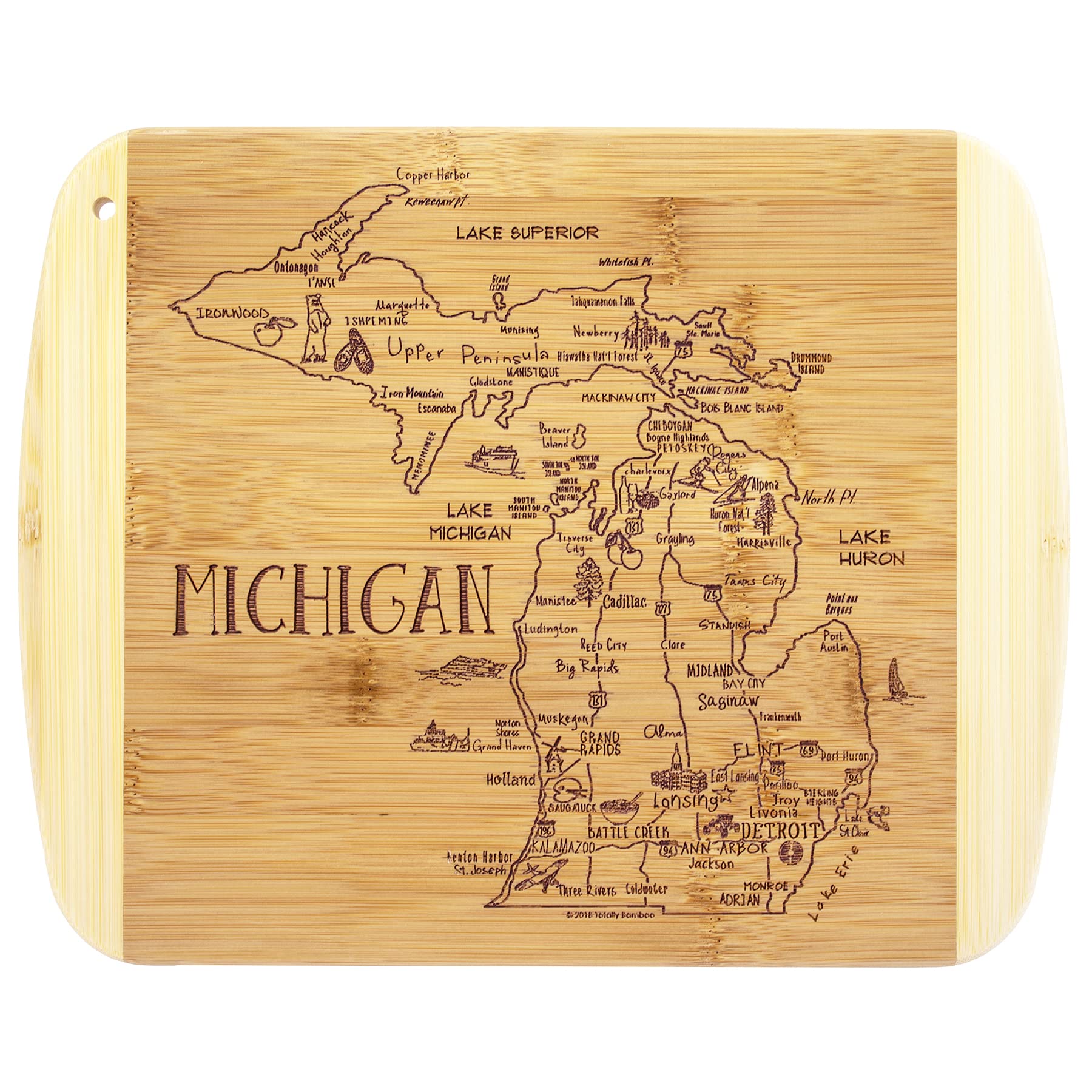 Tablero Totally Bamboo con grabado de Detroit, perfecto para servir aperitivos con estilo.