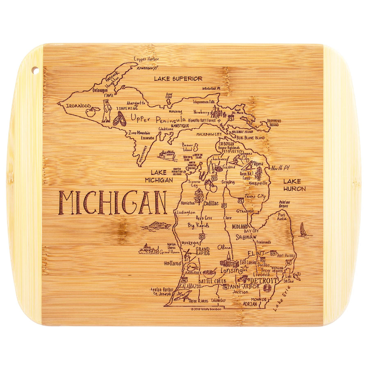 Tablero Totally Bamboo con grabado de Detroit, perfecto para servir aperitivos con estilo.