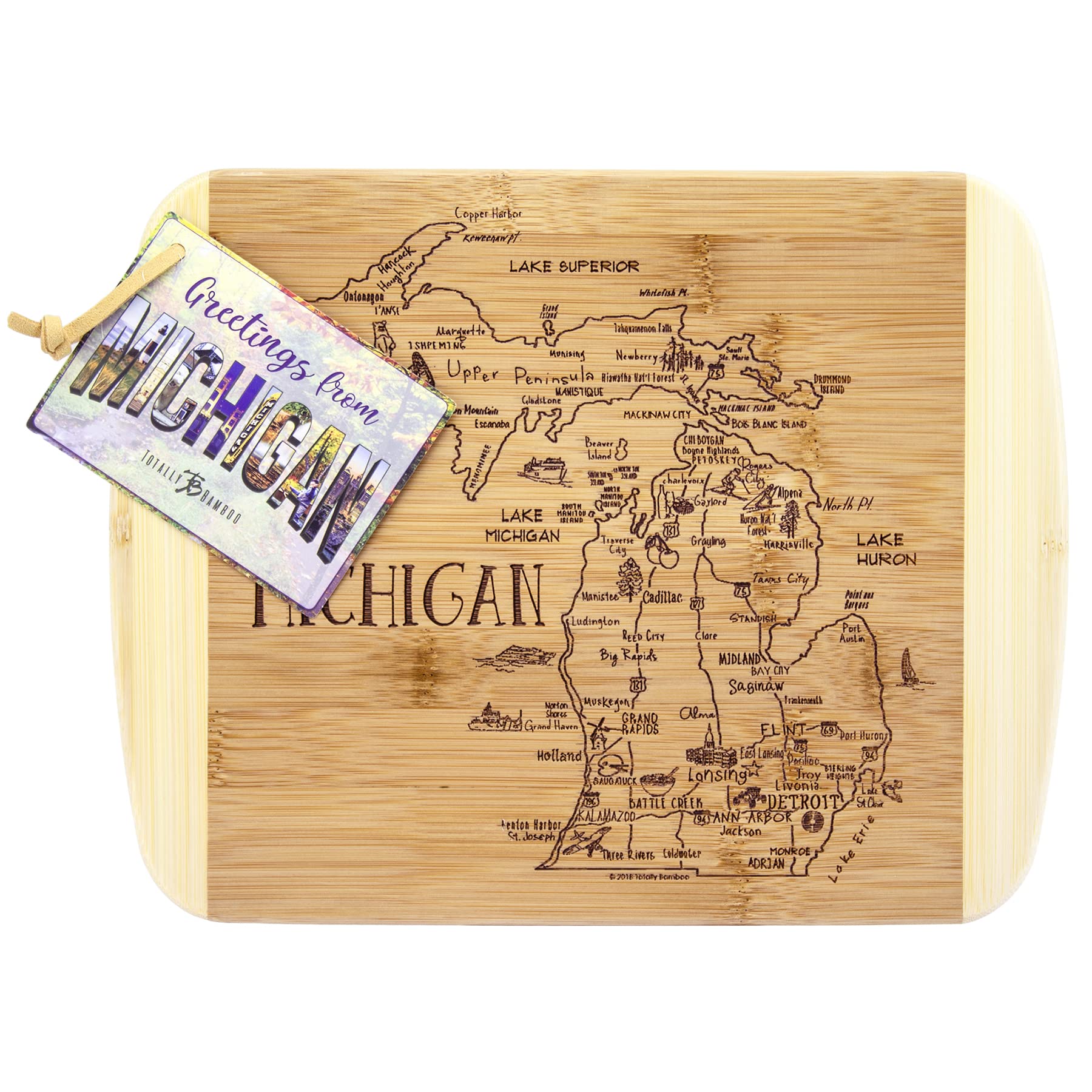 Totally Bamboo tabla de Michigan, grabado principal para regalos prácticos y sostenibles.