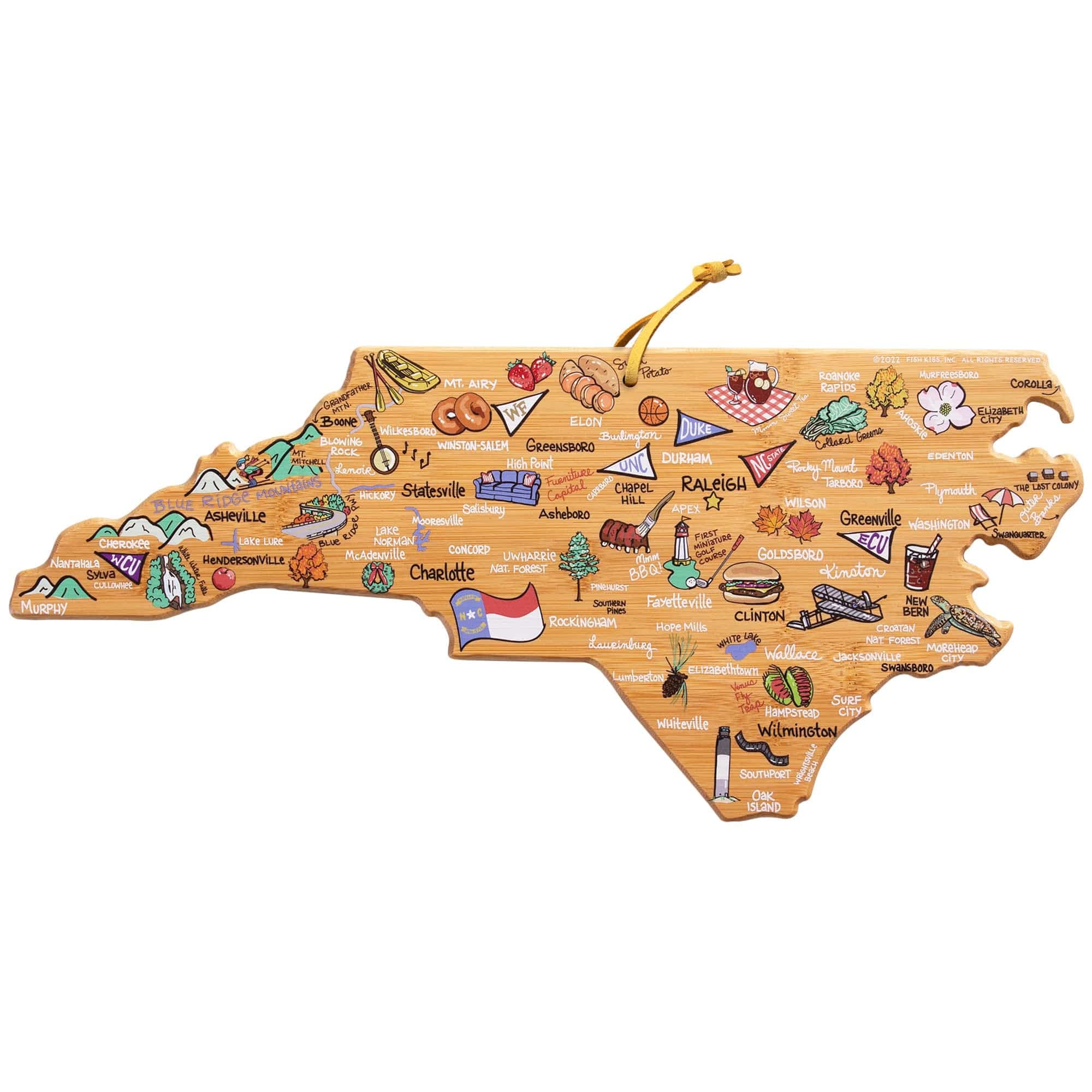 Totally Bamboo: tablero con mapa de Carolina del Norte y arte Fish Kiss para la mesa.