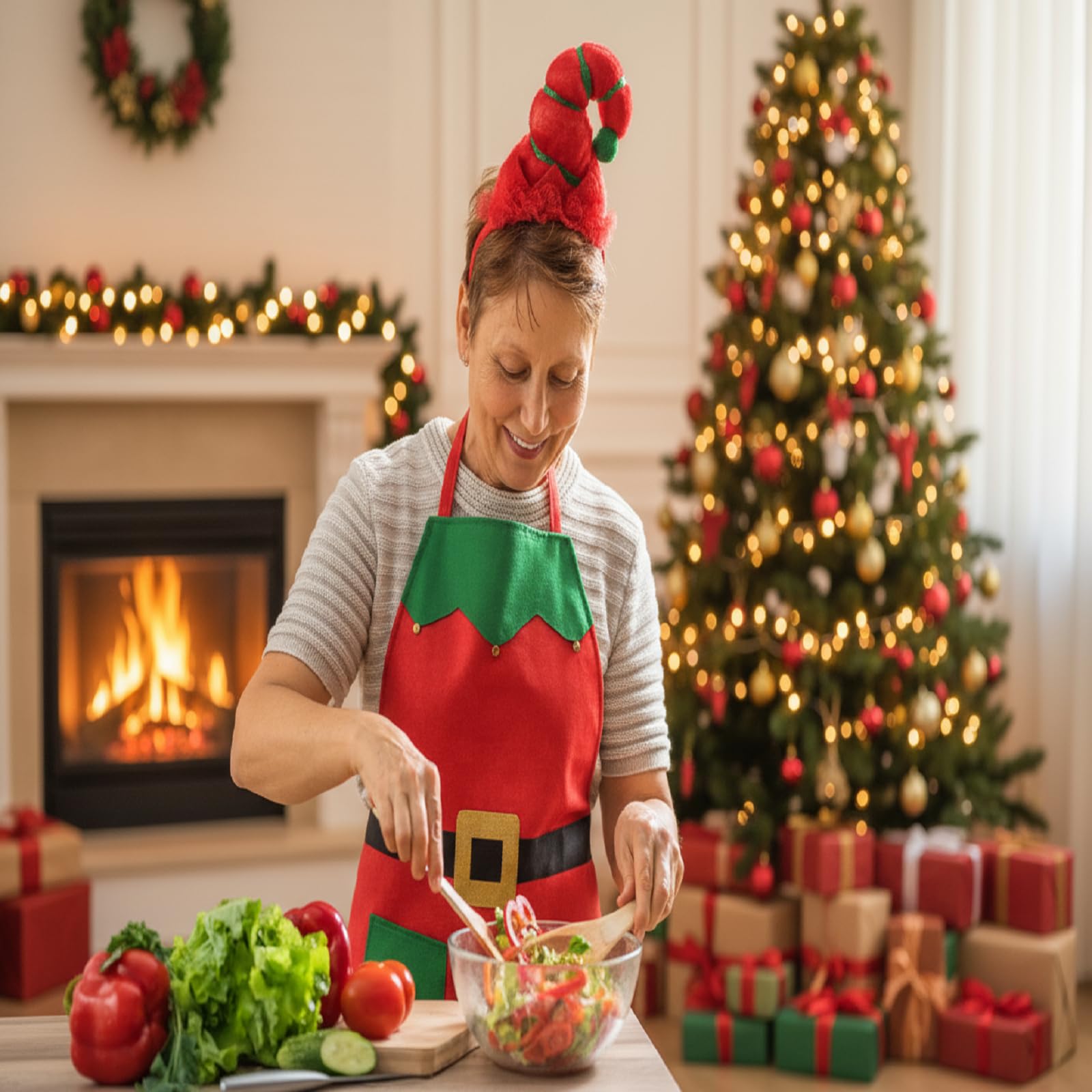 Delantal duende Toulite para cocina navideña, look festivo