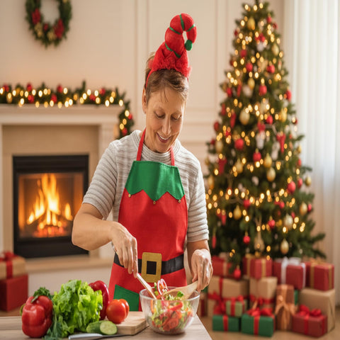 Delantal duende Toulite para cocina navideña, look festivo