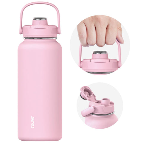 Botella TOURIT 32 oz rosa con aislamiento para bebidas frías o calientes.