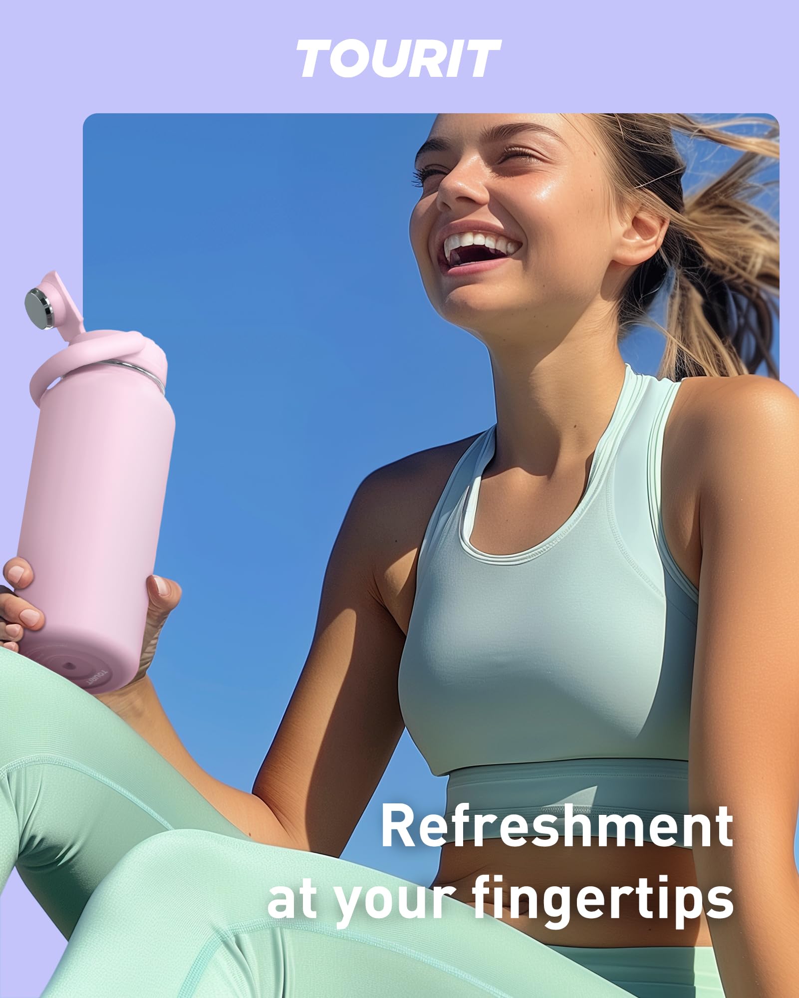Uso en exterior y gimnasio con la botella TOURIT rosa como compañera.
