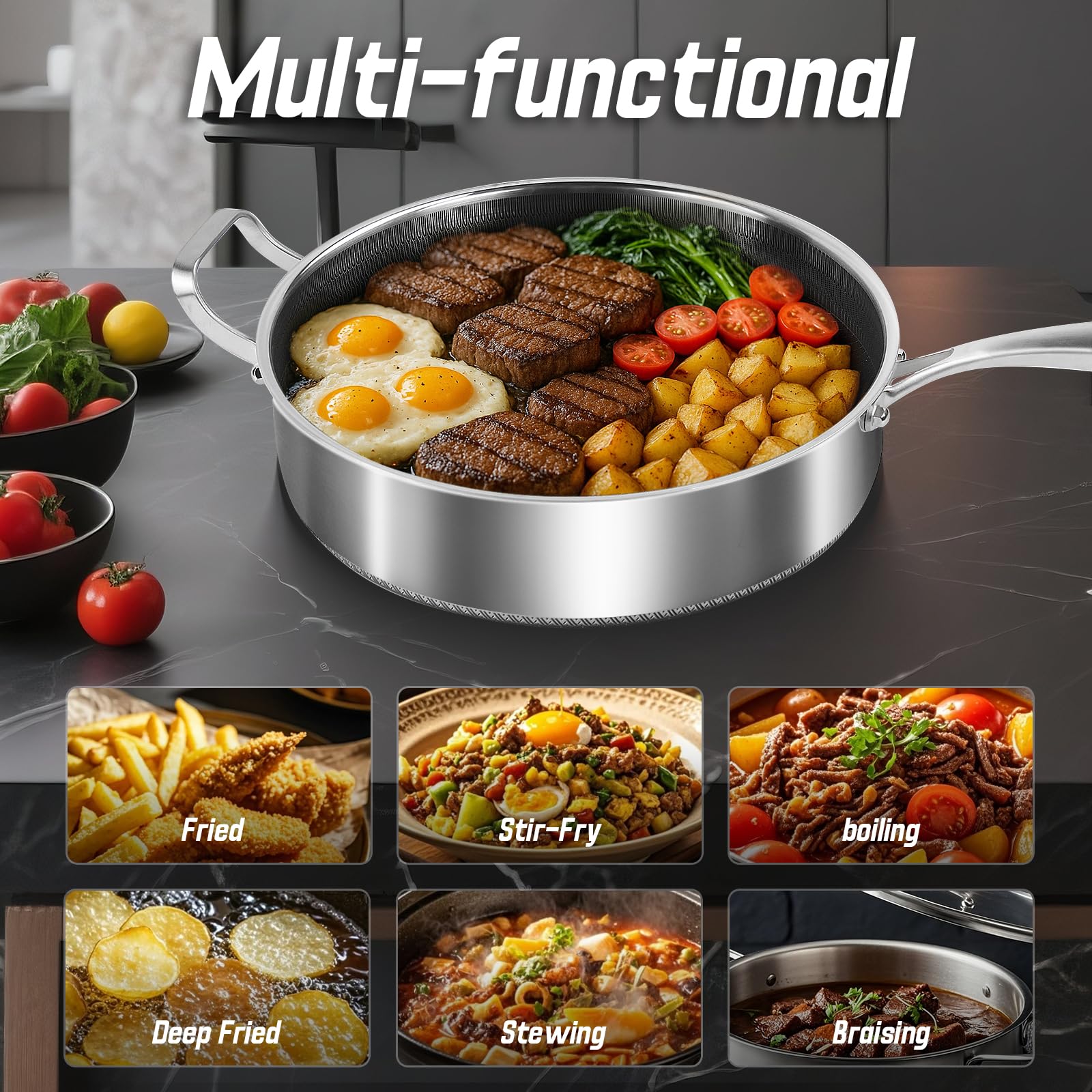 Toutrop sartén compatible con inducción y todas las cocinas para mayor versatilidad.