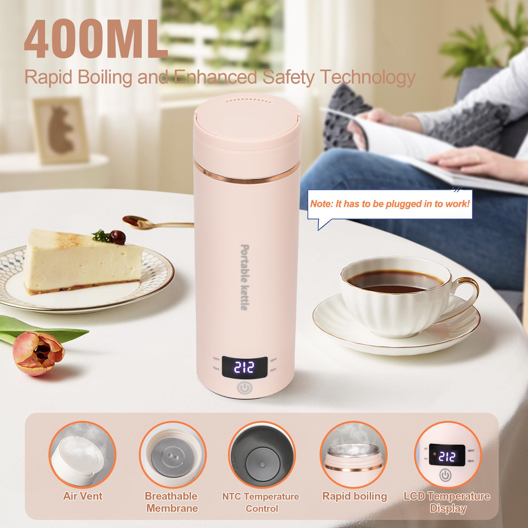 Hervidor Touxila rosa con capacidad de 400 ml, práctico para taza única