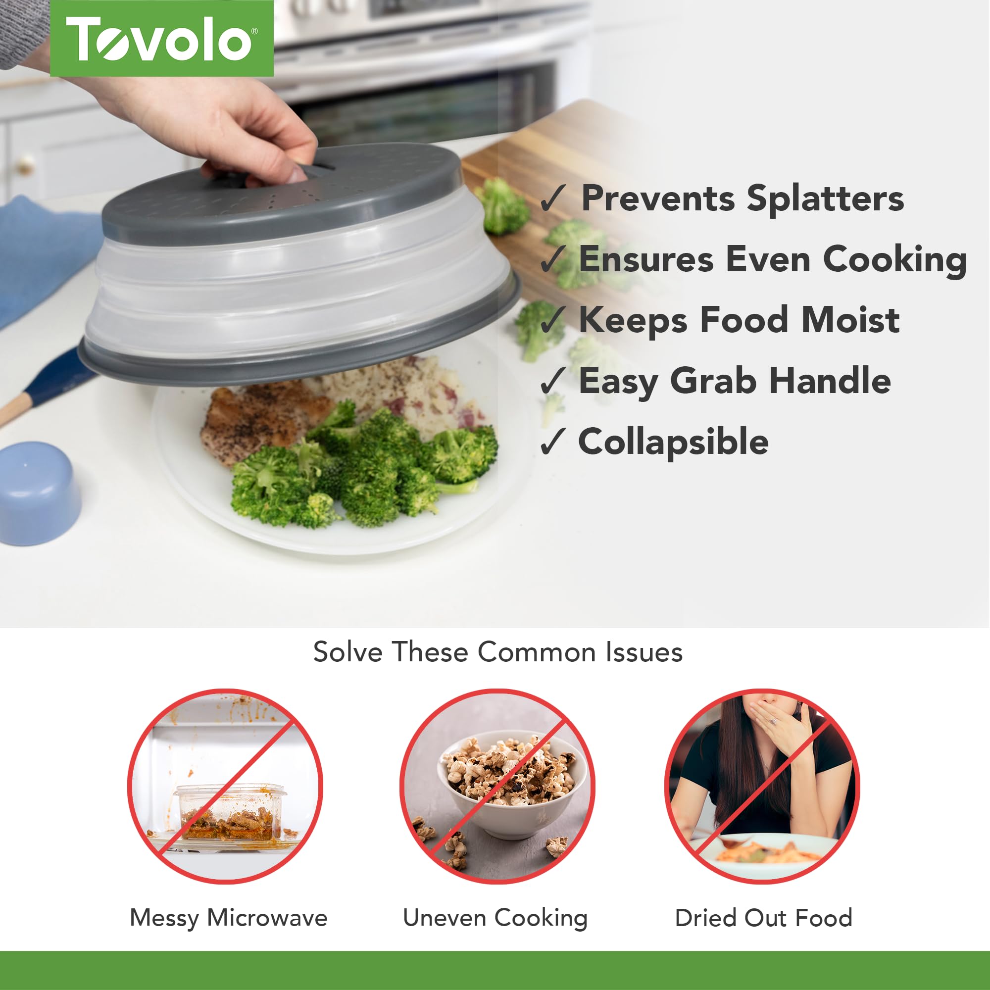 Tovolo desplegada cubriendo un plato, mantiene microondas limpio y ventilado