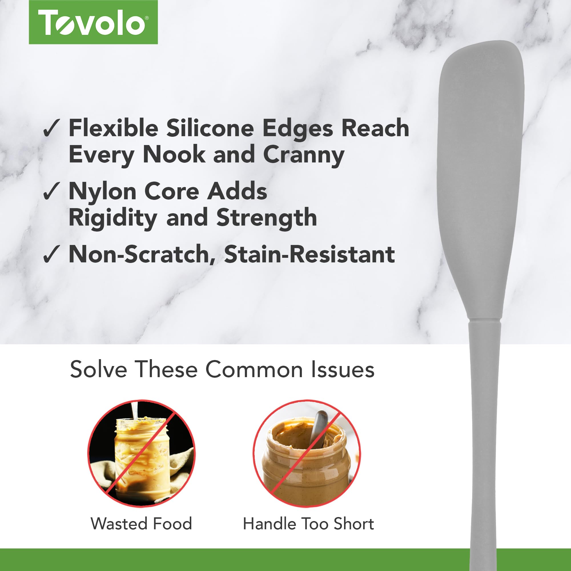 Tovolo Flex Core con hombro integrado raspa bajo el borde del tarro.