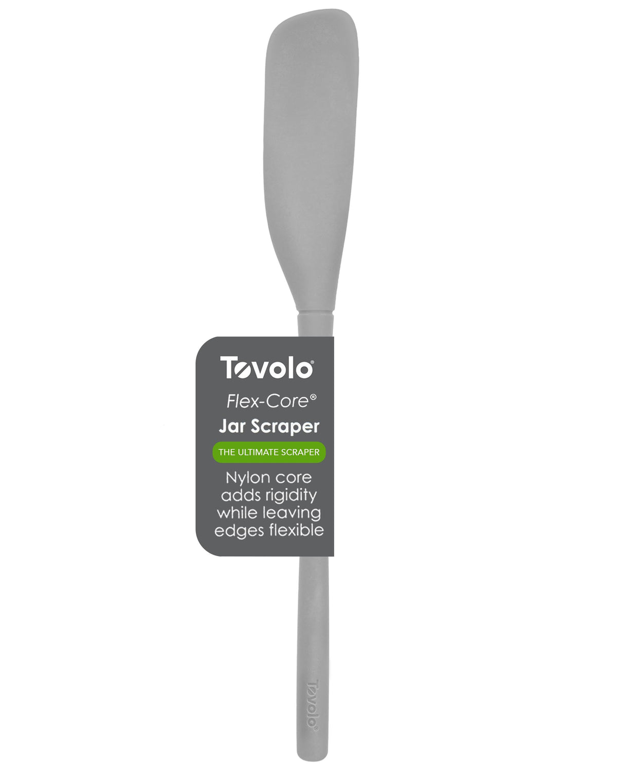 Espátula para tarros Tovolo Flex Core con mango largo alcanza tarros profundos para raspar.