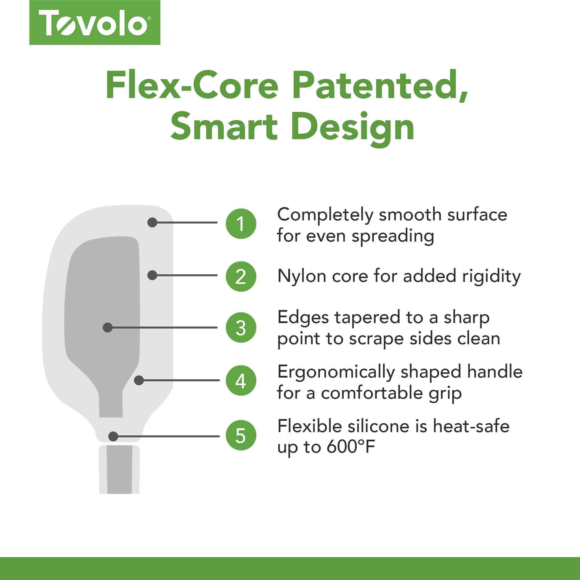 Tovolo Flex Core resiste hasta 600°F para mezclar y batir con seguridad.