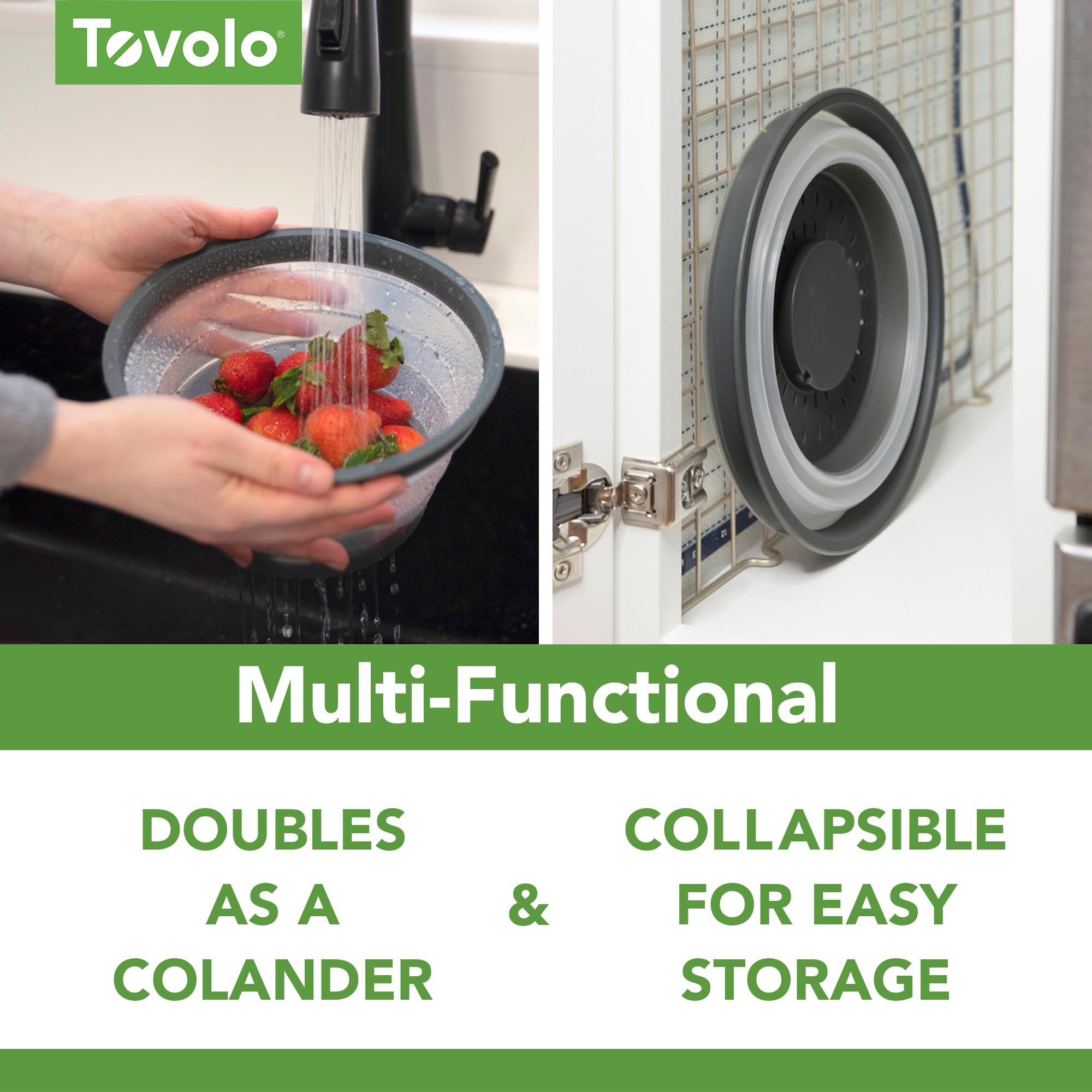 Tovolo silicona plegable y ventilada, ahorro de espacio en cocina y ventilación adecuada.