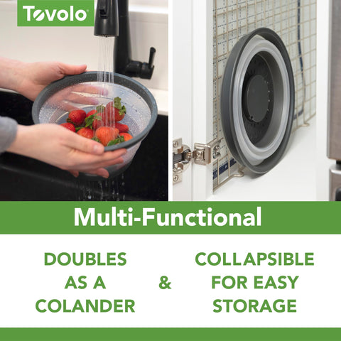 Tovolo silicona plegable y ventilada, ahorro de espacio en cocina y ventilación adecuada.