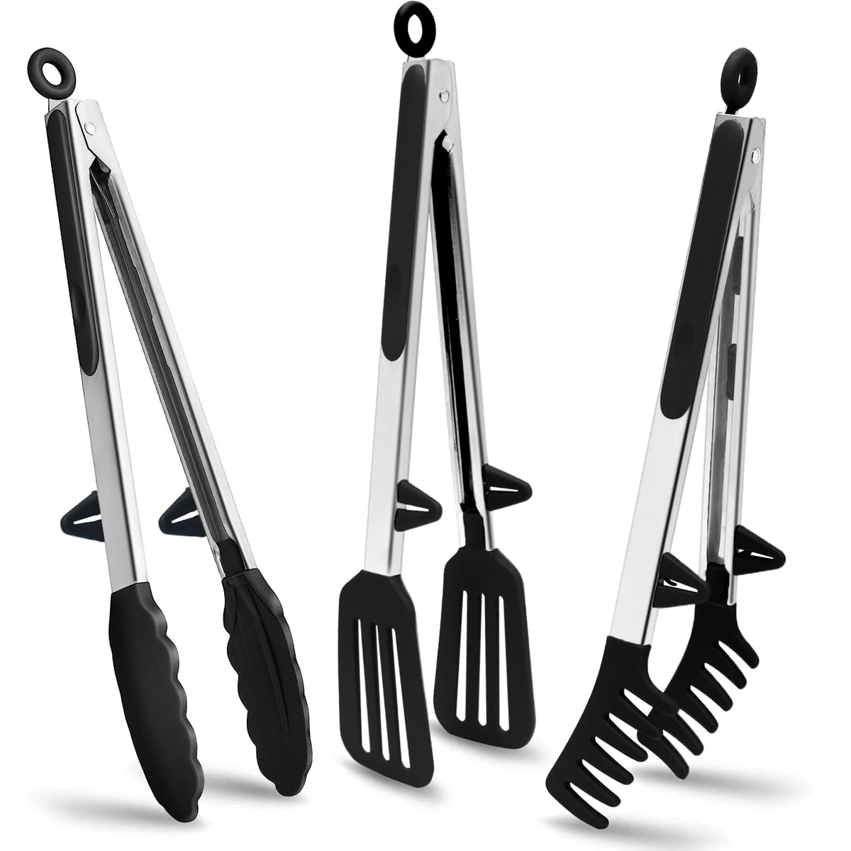 Pinzas TOWINGO 12 pulgadas con silicona, set de tres para servir ensaladas
