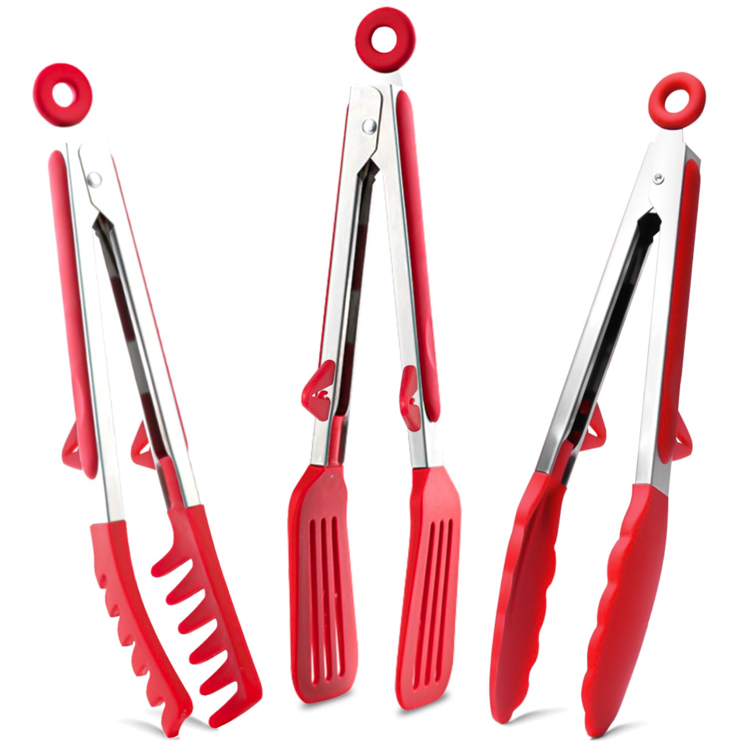 Pinzas TOWINGO con puntas de silicona rojas para cocinar sin rayar sartenes antiadherentes.