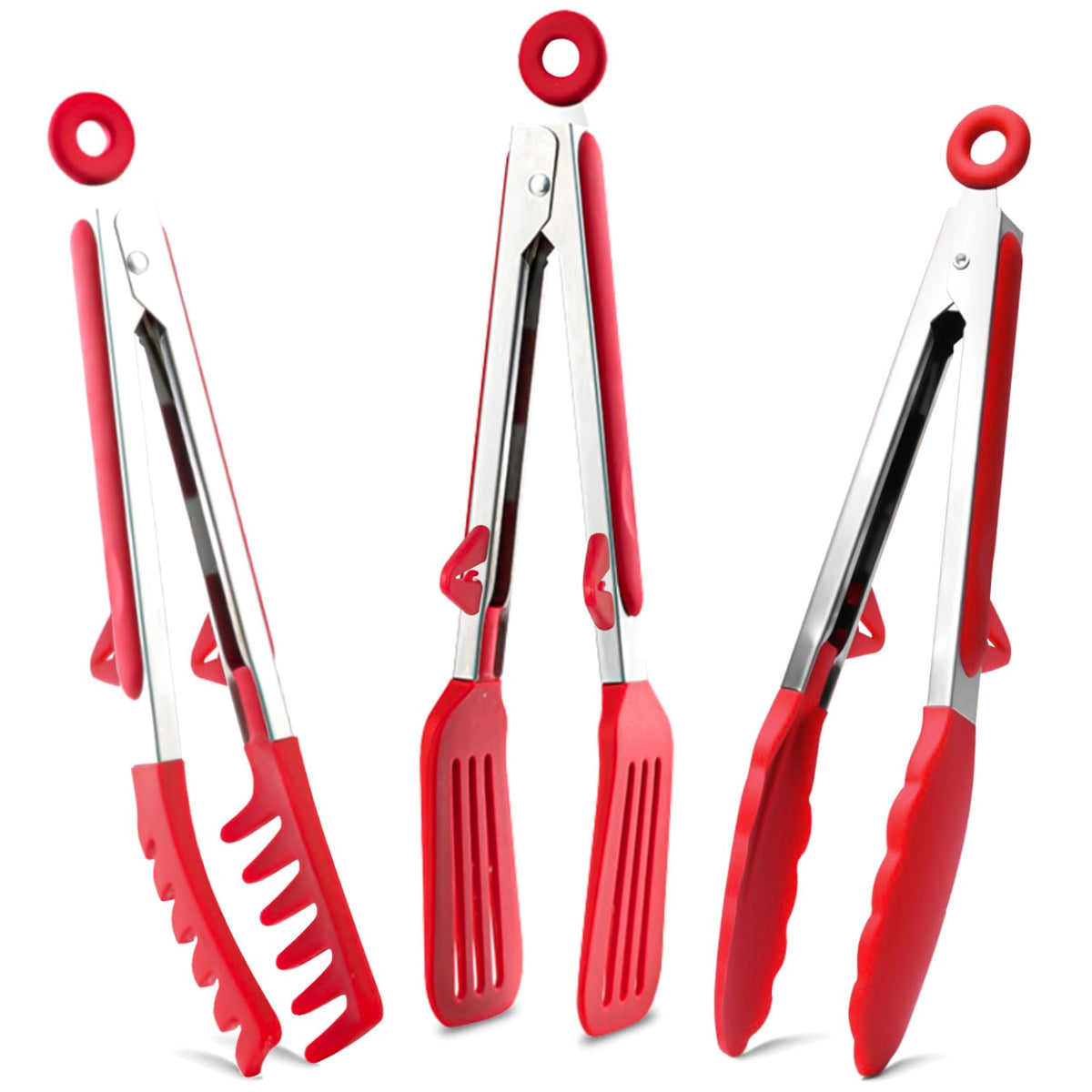 Pinzas TOWINGO con puntas de silicona rojas para cocinar sin rayar sartenes antiadherentes.
