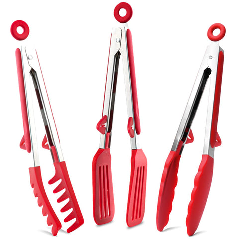 Pinzas TOWINGO con puntas de silicona rojas para cocinar sin rayar sartenes antiadherentes.