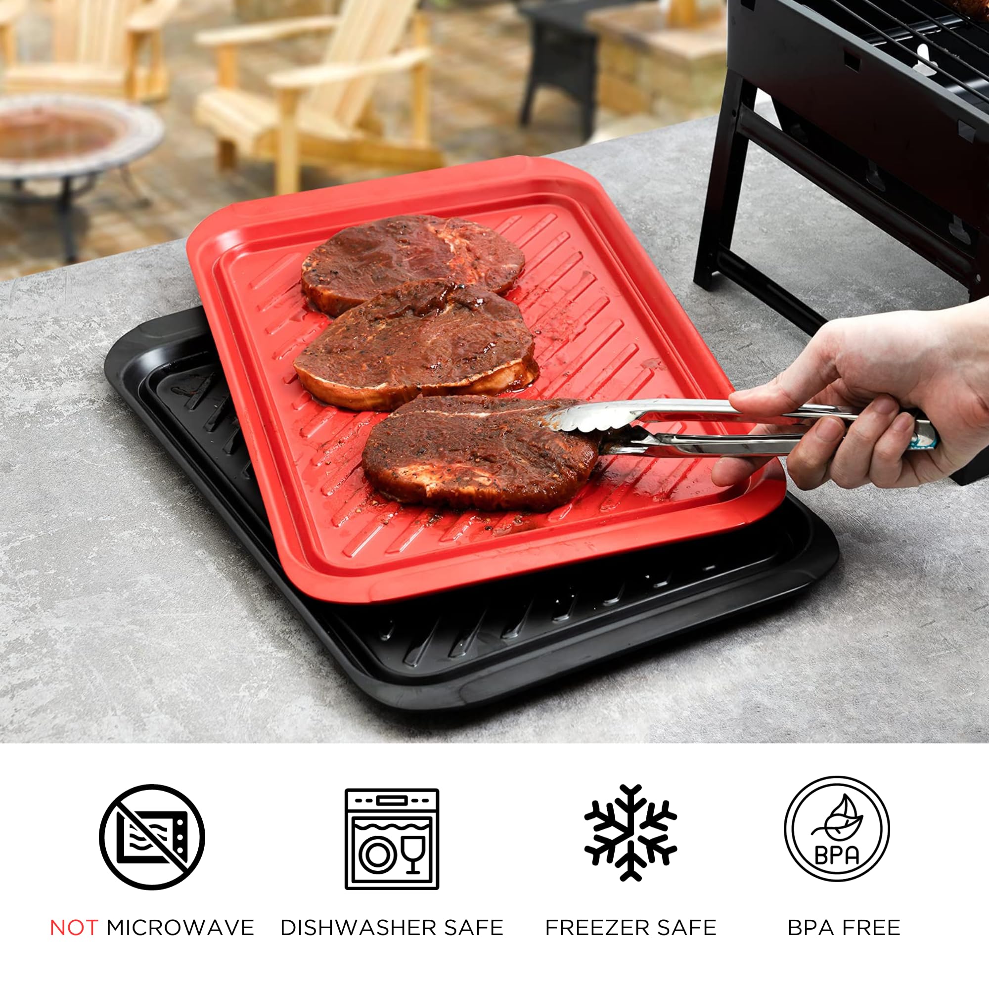 TP bandejas de melamina rojo negro para parrilla, ideales para separar crudos y cocidos.