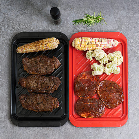 TP bandejas para preparación de carne cruda, color rojo para marinado y seguridad.