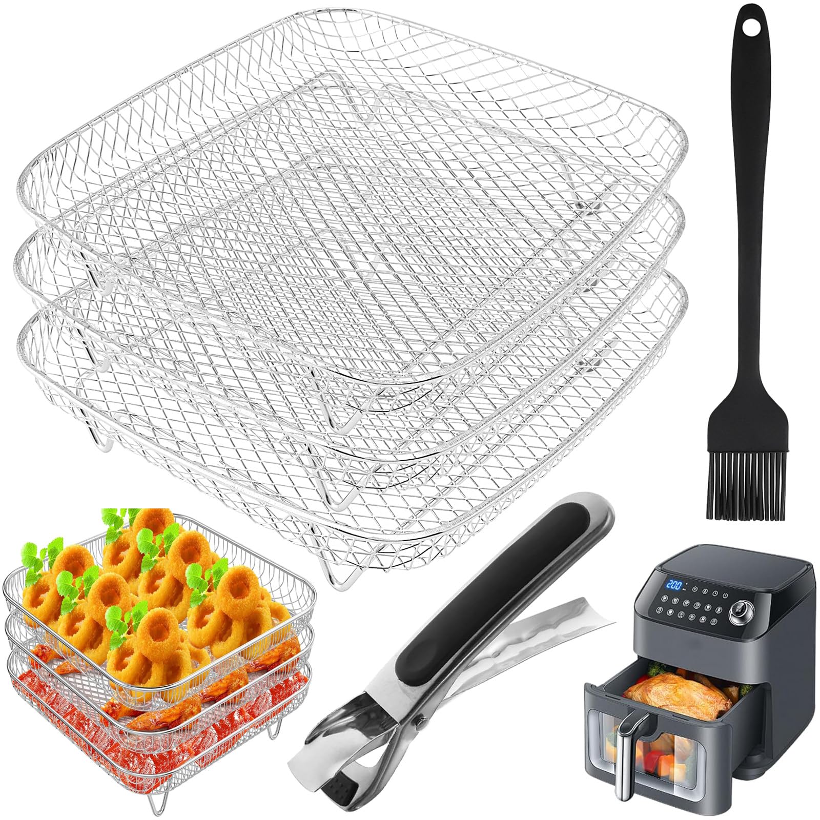 Bandejas apilables de TQEONKL para freidora, tres niveles para cocinar por separado.