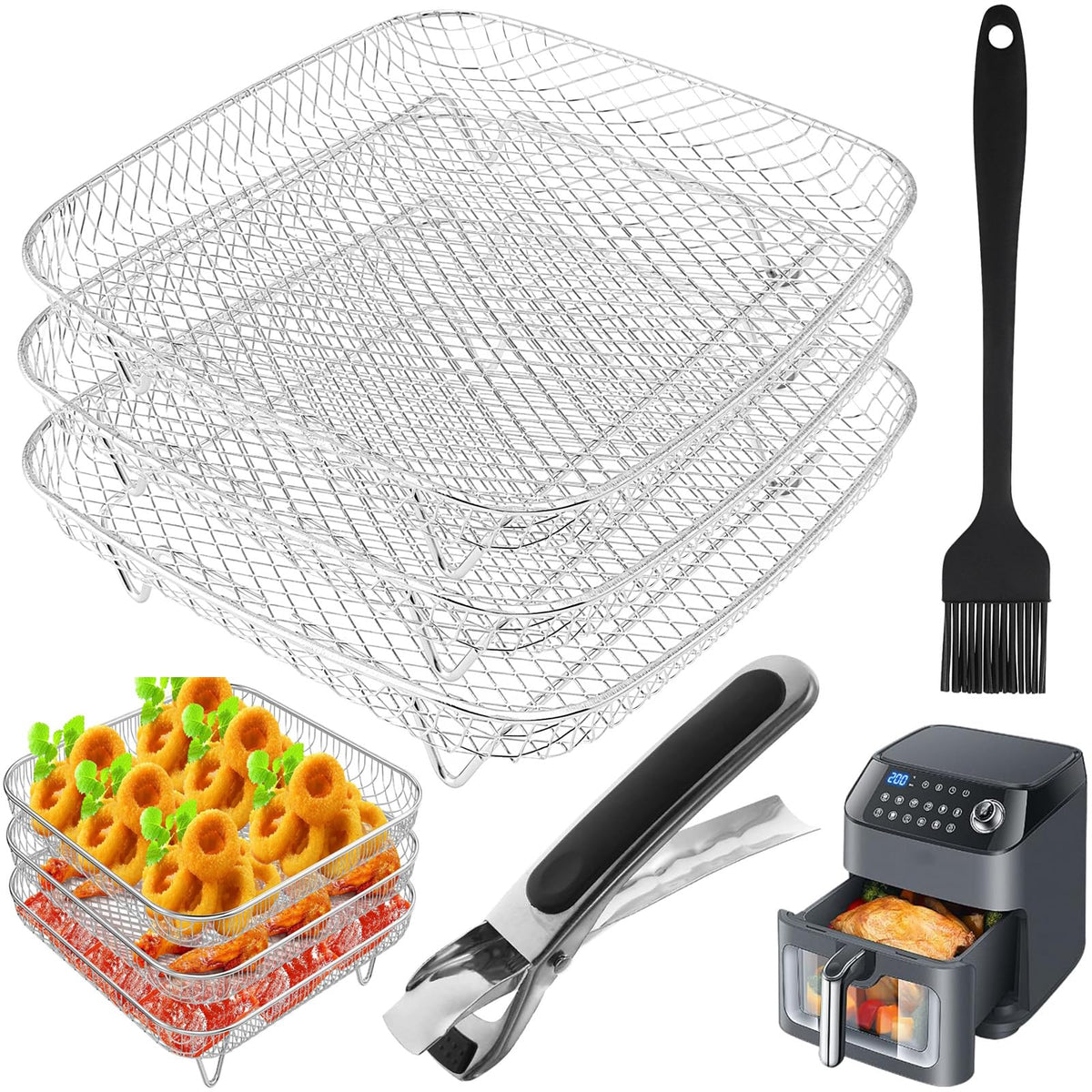 Bandejas apilables de TQEONKL para freidora, tres niveles para cocinar por separado.
