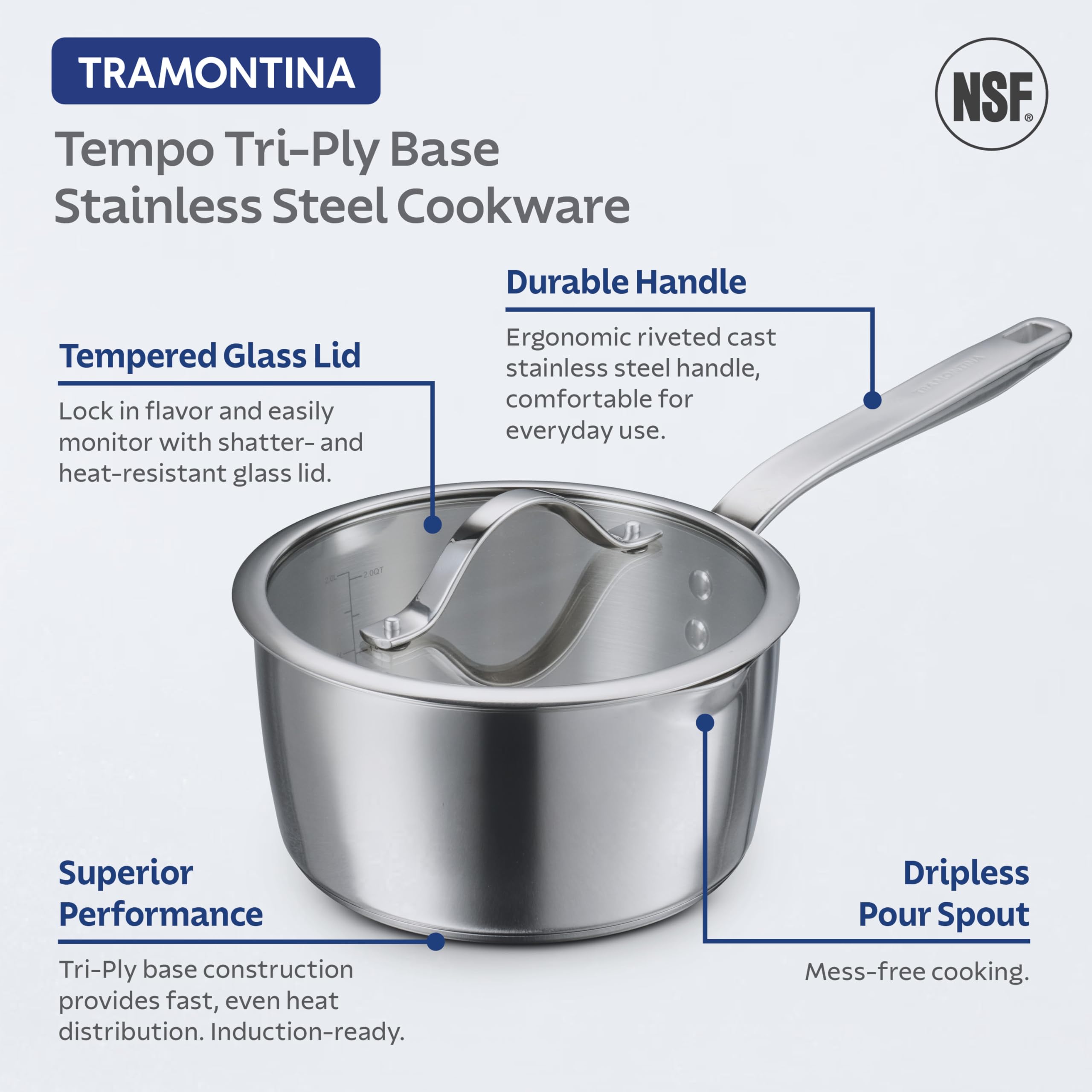 Tramontina Tempo cazo 2 cuartos con tapa, ideal para salsas y aderezos.