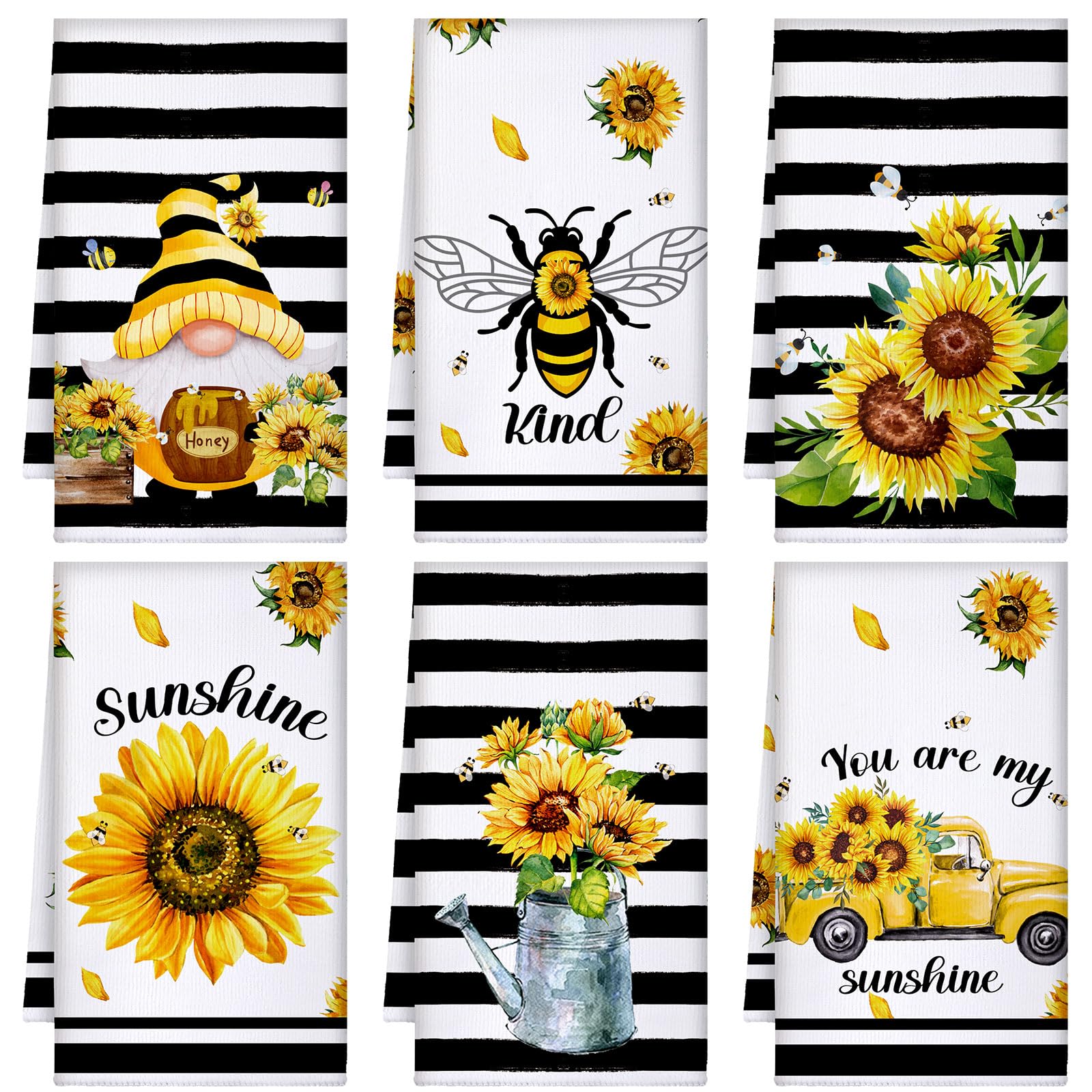 Toallas Tranquun girasol y abeja, juego de 6, secado rápido para la cocina.