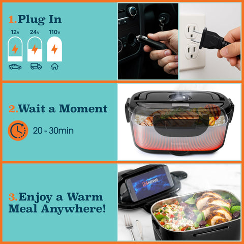 TRAVELISIMO lonchera eléctrica 3-en-1: compatible con 110V, 12V y 24V.