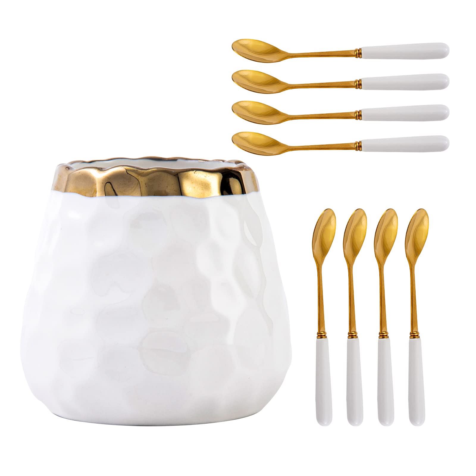 Cucharas Tregoer para café y té con tarro cerámico blanco y borde dorado.