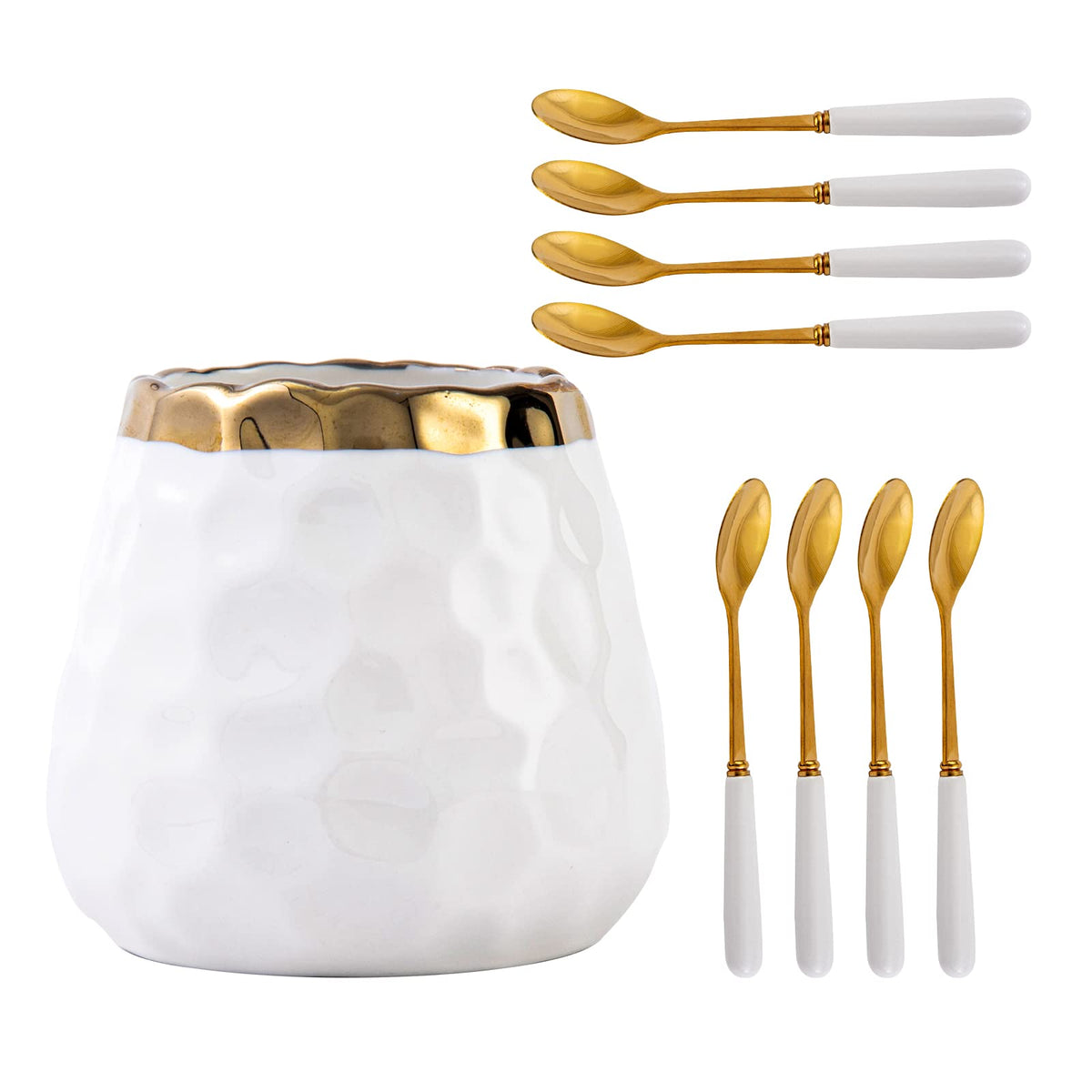 Cucharas Tregoer para café y té con tarro cerámico blanco y borde dorado.