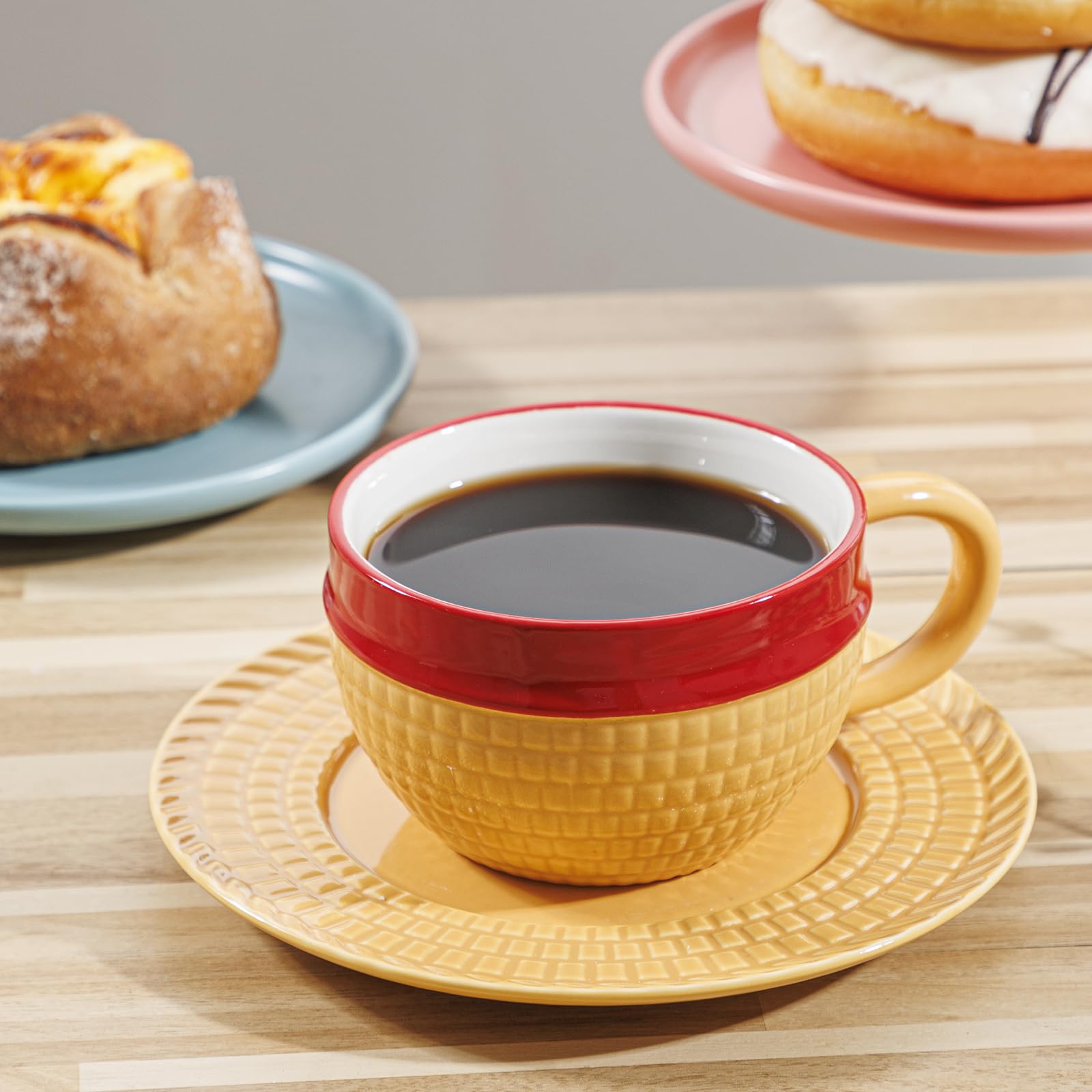 Tregoer taza con platillo, uso versátil para té, chocolate caliente o sopa.