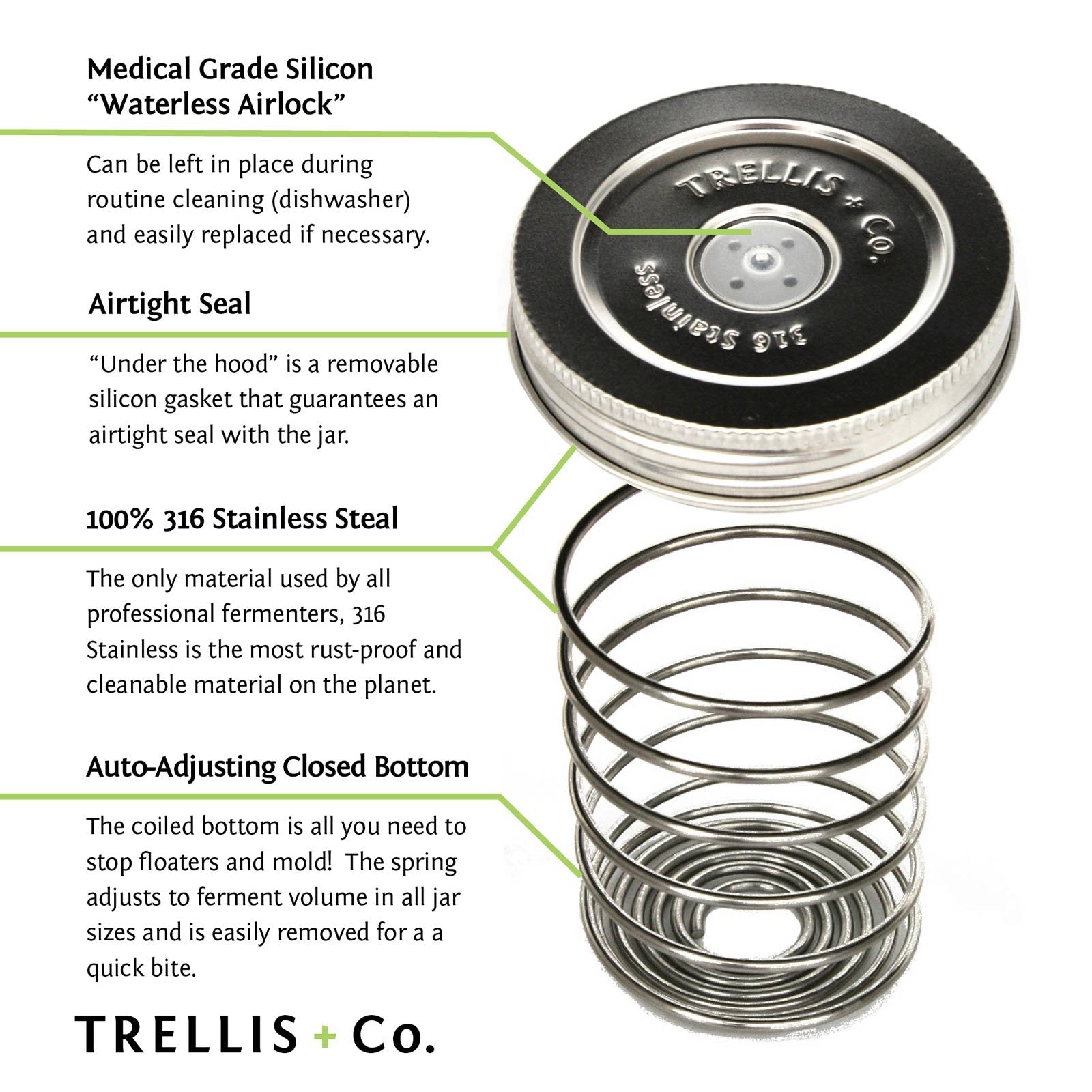 Trellis + Co. almacenamiento compacto para frascos fermentados en cocina.