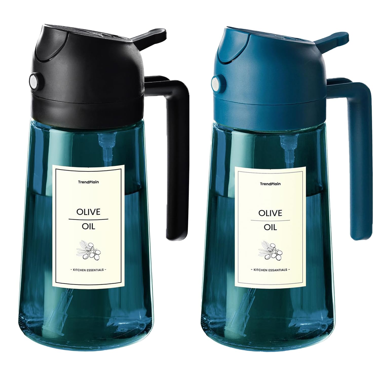 TrendPlain pulverizador de aceite de oliva en vidrio azul, 470 ml, para rociado controlado.