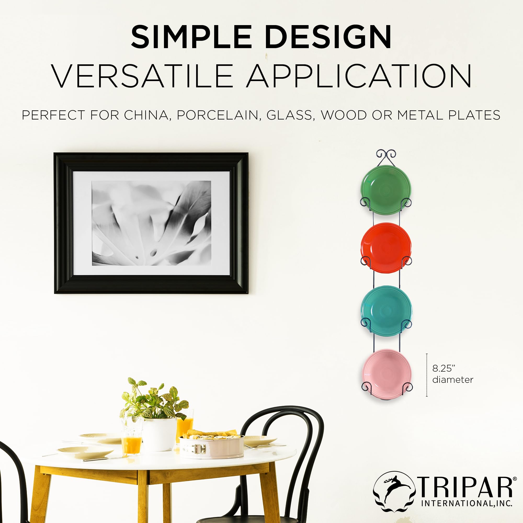 TRIPAR porta-platos mural vertical negro, exhibición limpia y accesible para vajilla diaria.