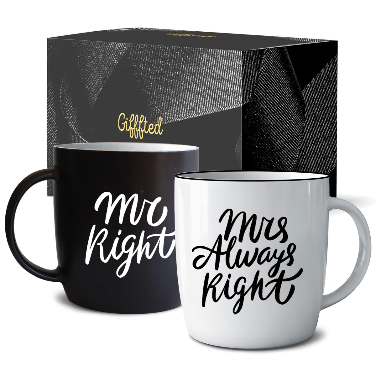 Triple Gifffted tazas Sr Correcto y Sra Siempre Correcta, vista frontal para regalo entre parejas.