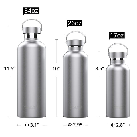 Botella Triple Tree 26oz, lateral, acero inoxidable seguro para uso diario.