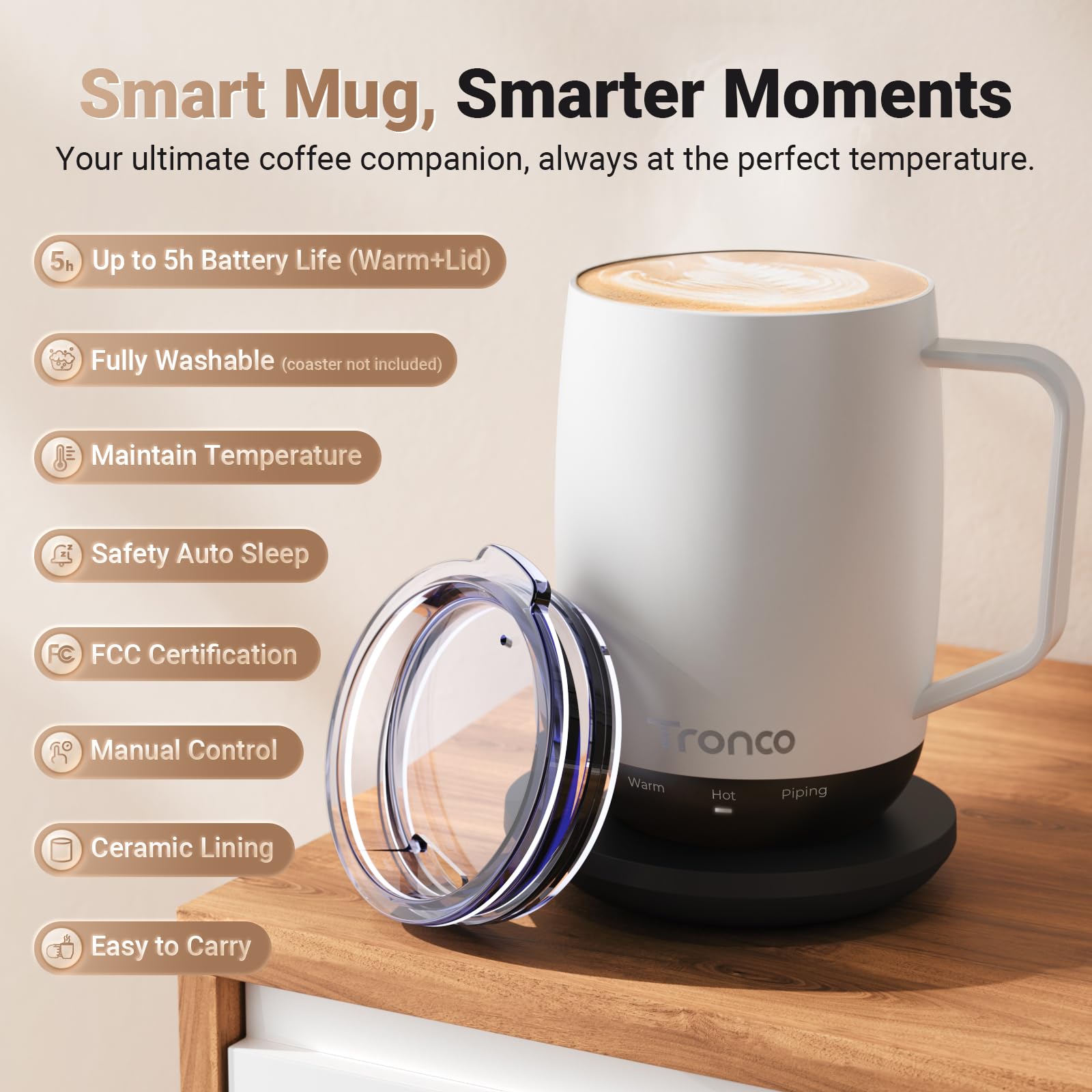 Conjunto completo de la Taza Tronco con tapa y base de carga.