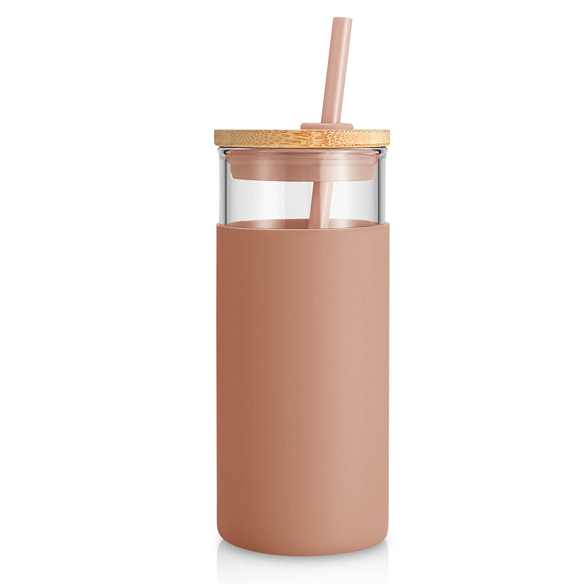 Tronco tumbler vidrio 20oz con tapa de bambú, mantiene la bebida a temperatura adecuada.
