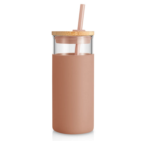 Tronco tumbler vidrio 20oz con tapa de bambú, mantiene la bebida a temperatura adecuada.