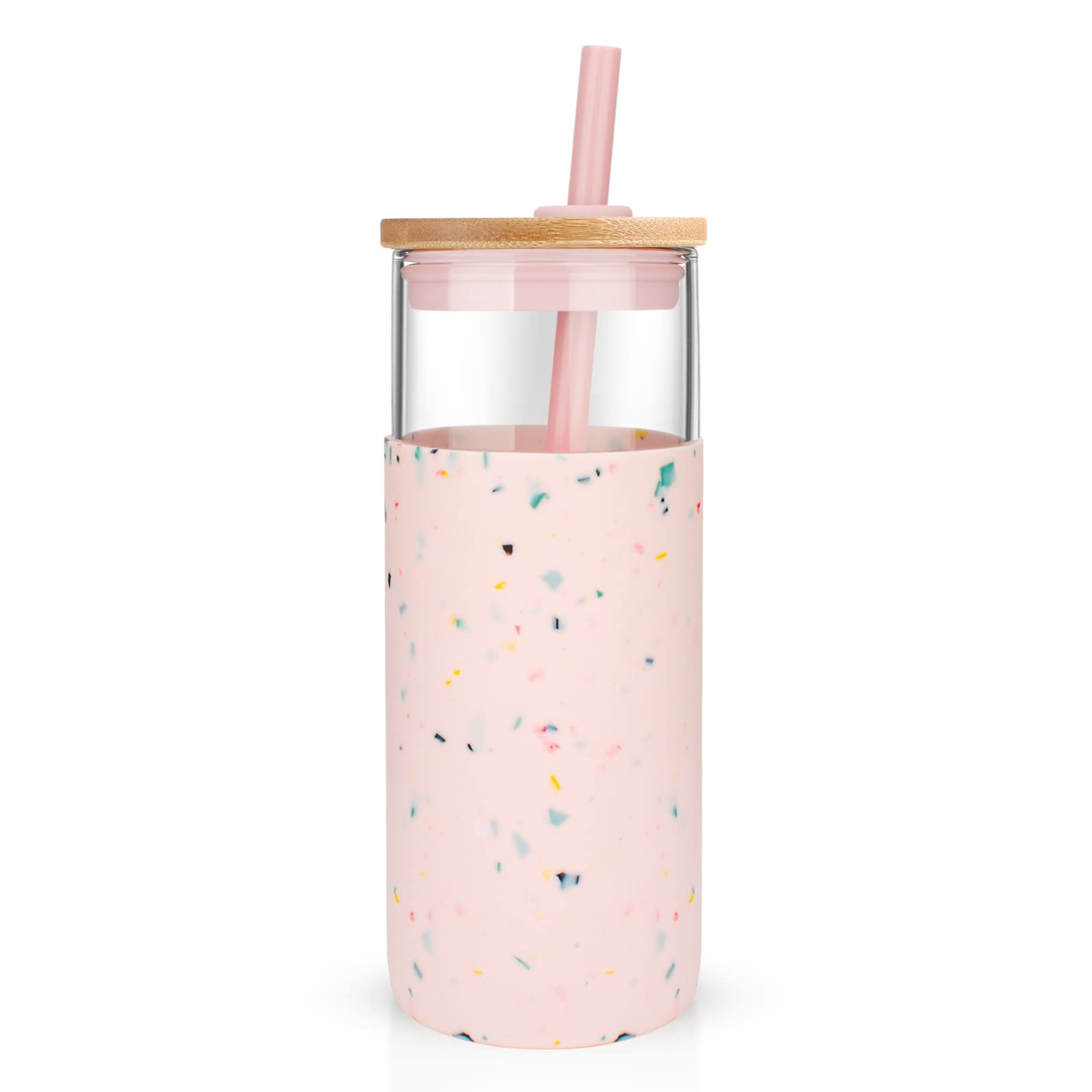 Vaso Tronco de vidrio 20oz con tapa-de-bambu para bebidas sin fugas.