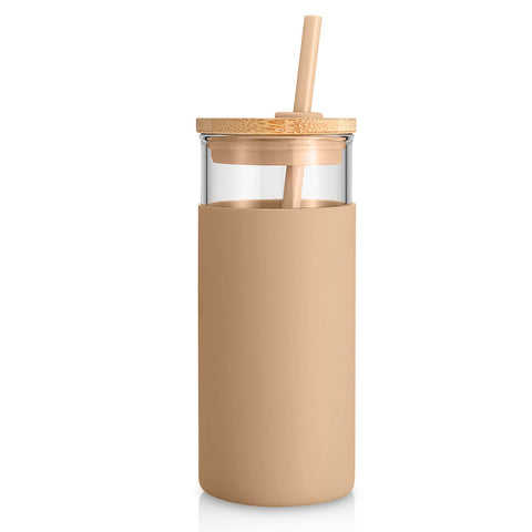 Vaso Tronco de vidrio 20 oz con tapa y pajilla para bebidas frías o calientes.