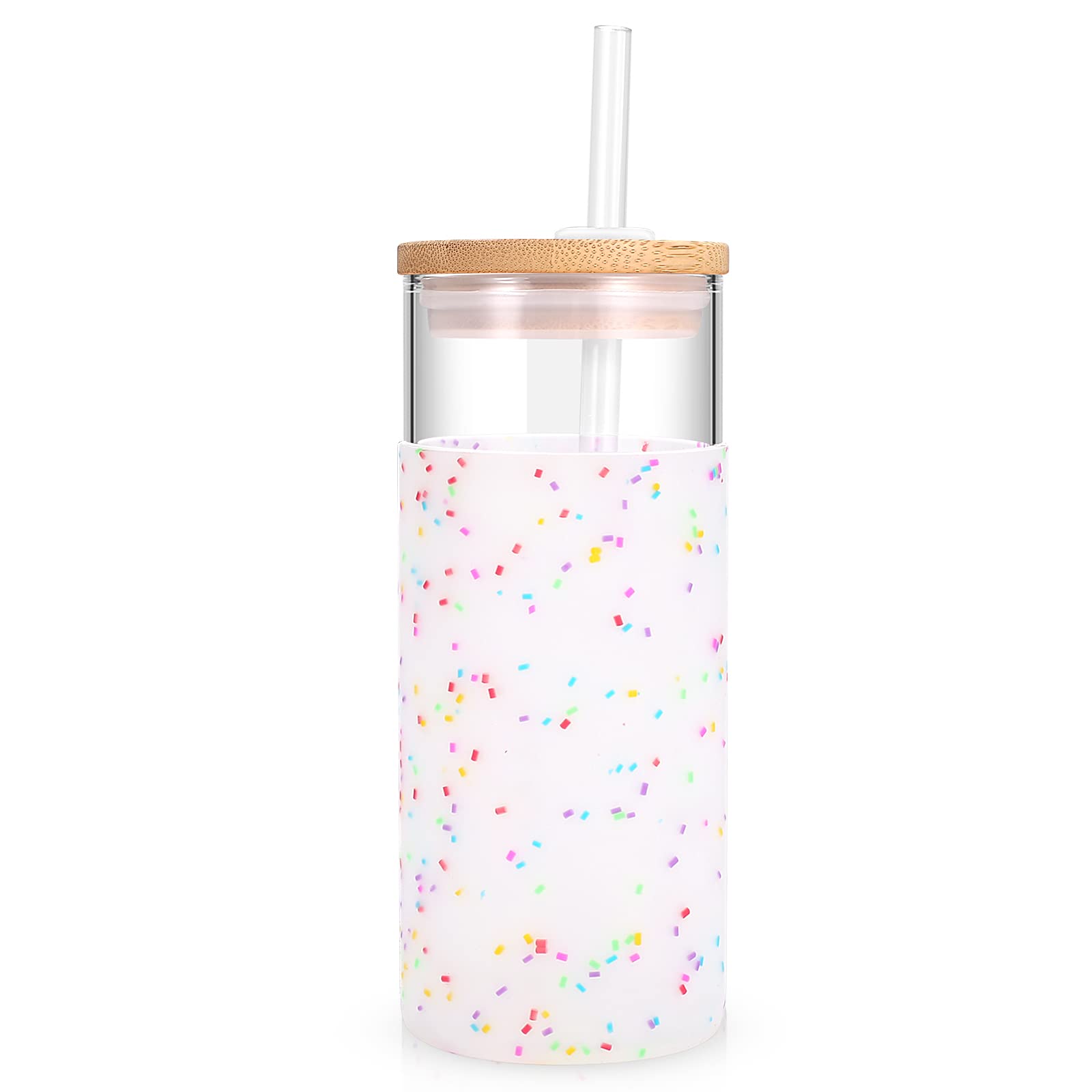 Vaso Tronco de vidrio 20 oz con tapa de bambú y manga de silicona, ideal para bebidas frías o calientes.