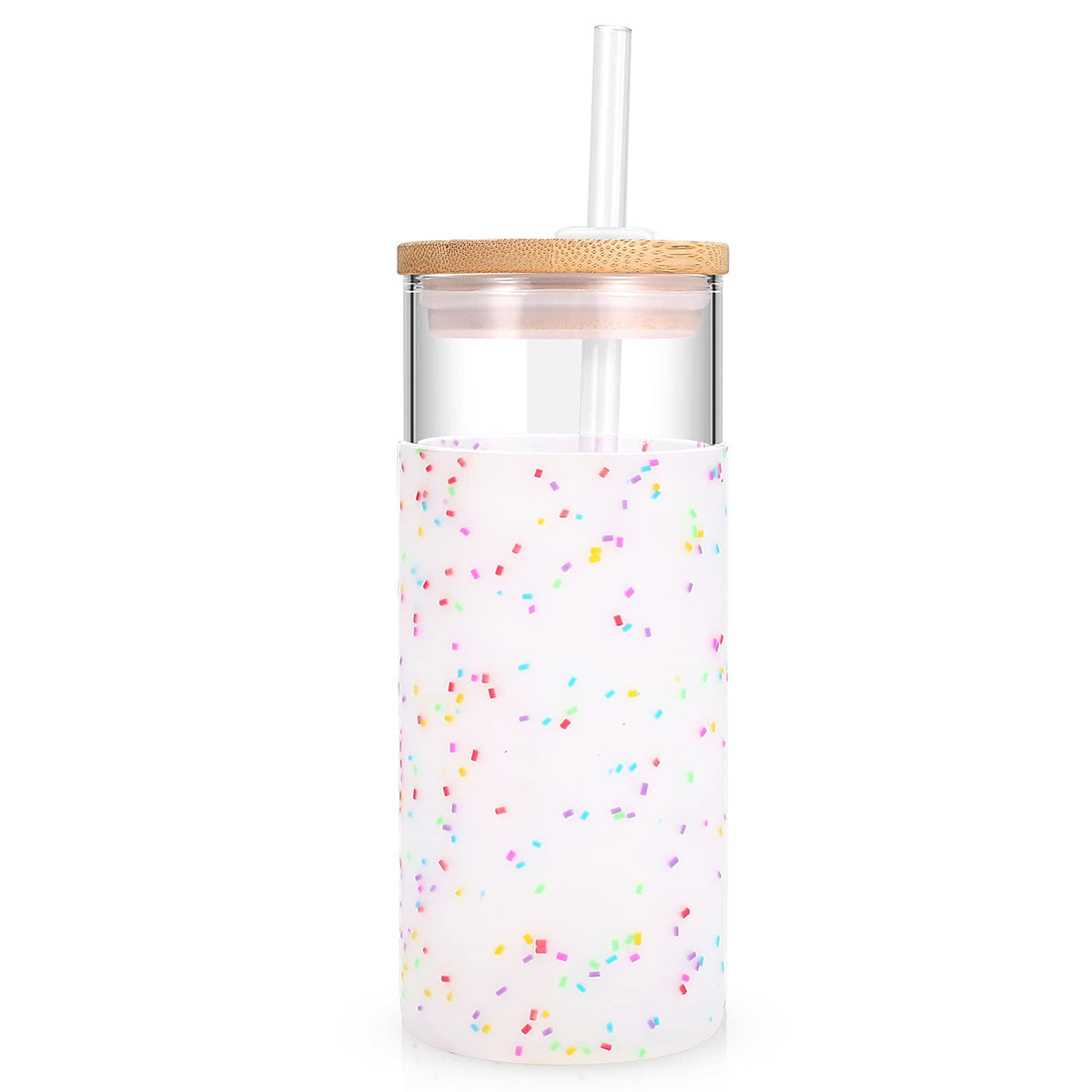 Vaso Tronco de vidrio 20 oz con tapa de bambú y manga de silicona, ideal para bebidas frías o calientes.