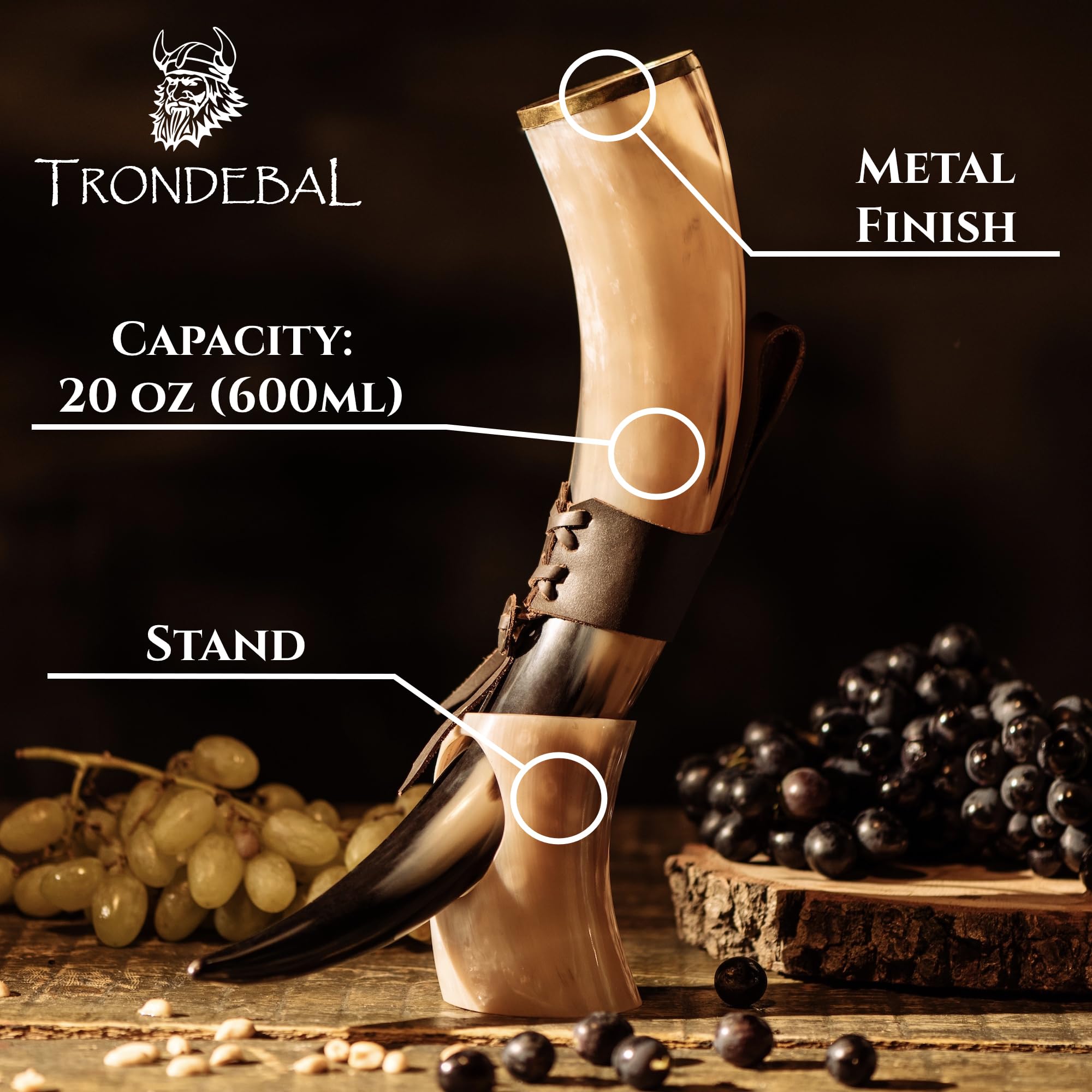 Trondebal cuerno vikingo con borde metálico, acabado premium