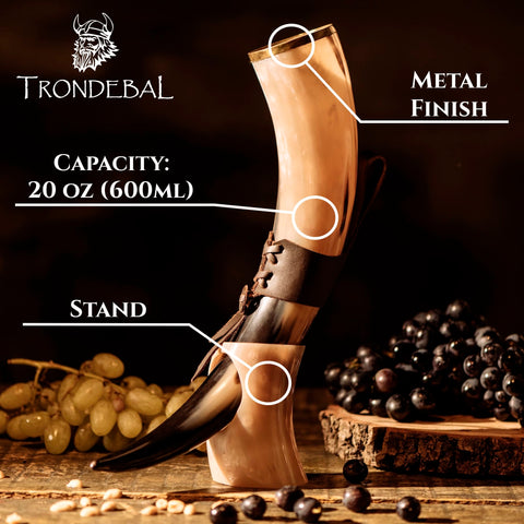 Trondebal cuerno vikingo con borde metálico, acabado premium