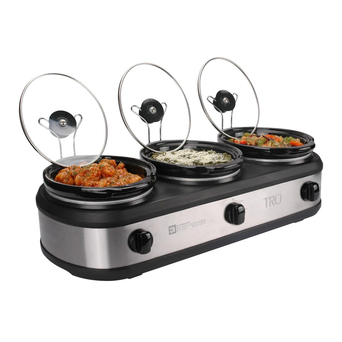 TRU servidor buffet triple con tres insertos para mantener platos calientes.
