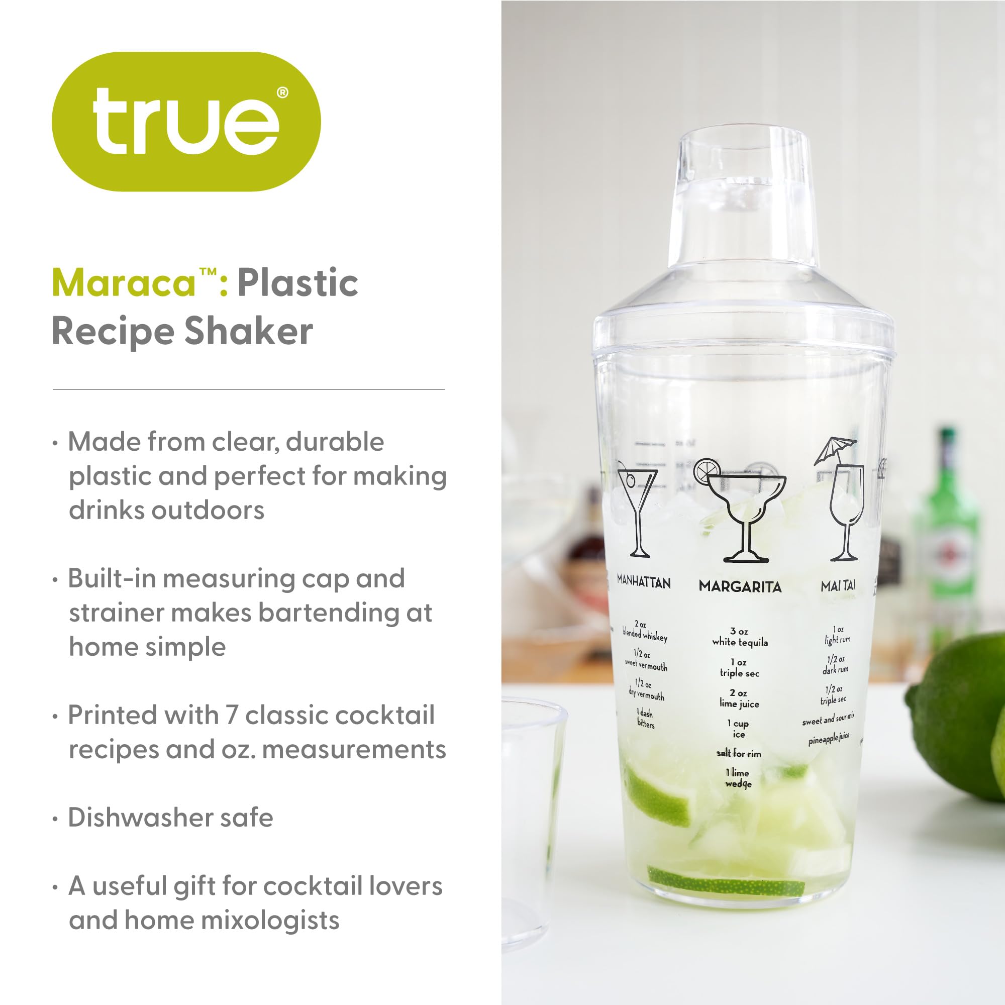 TRUE Maraca tapa con colador integrada para verter sin derrames.