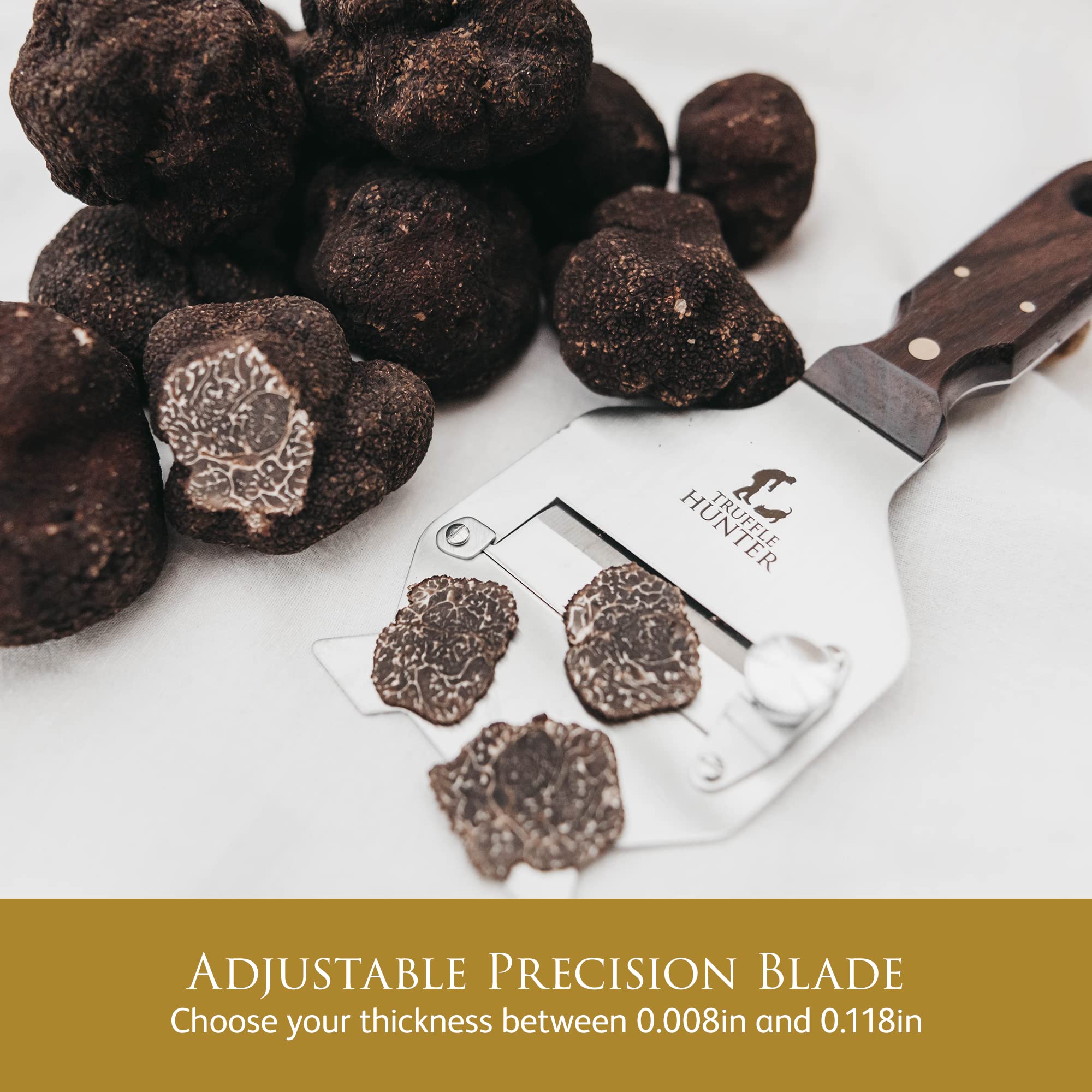TruffleHunter cuchilla de acero inoxidable ajustable para cortes precisos.