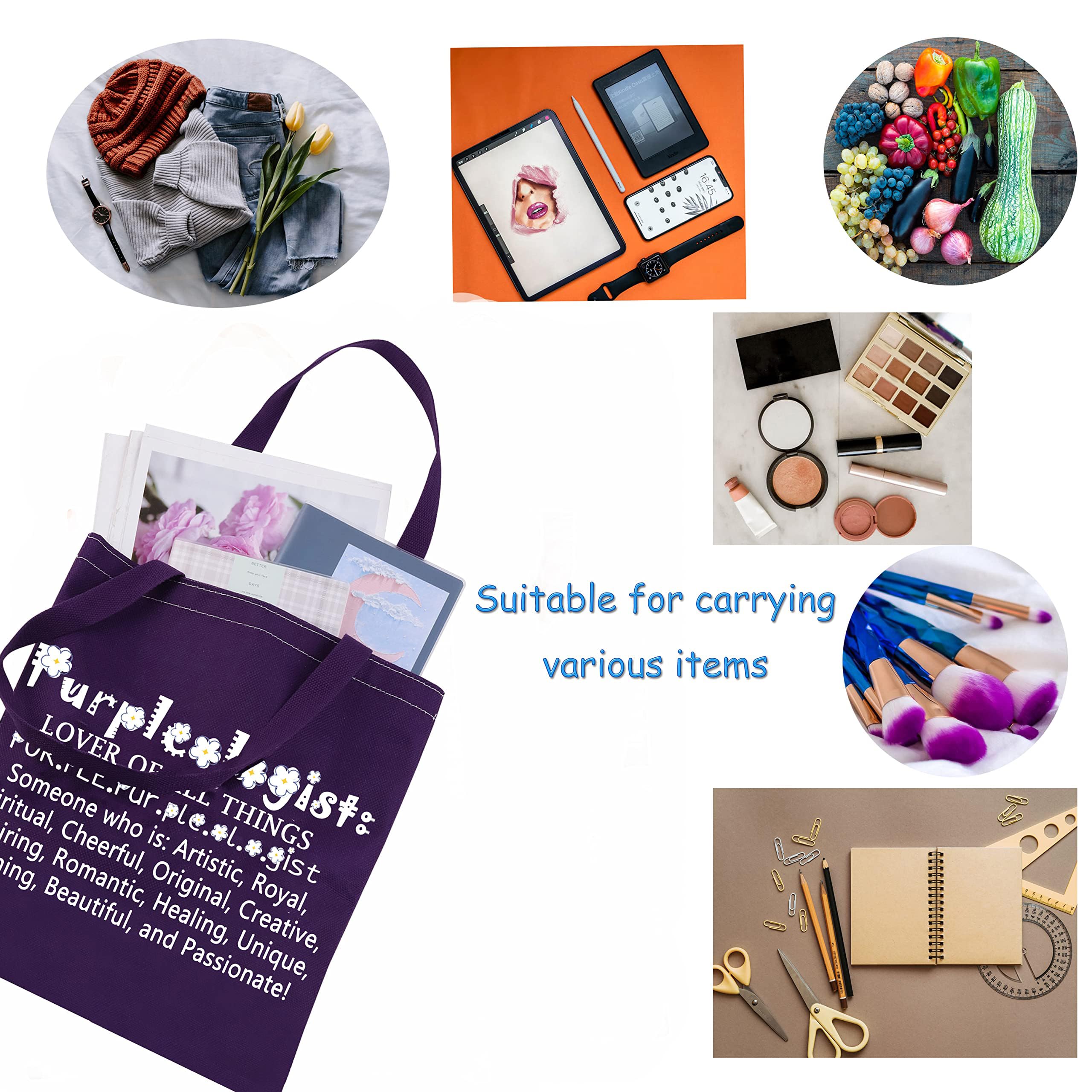 TSOTMO bolsa tote púrpura, capacidad para libros y accesorios.