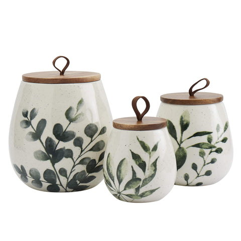TTU Tabletops Green Leaf Canisters pequeños con tapa, ideal para especias y orden en la despensa.